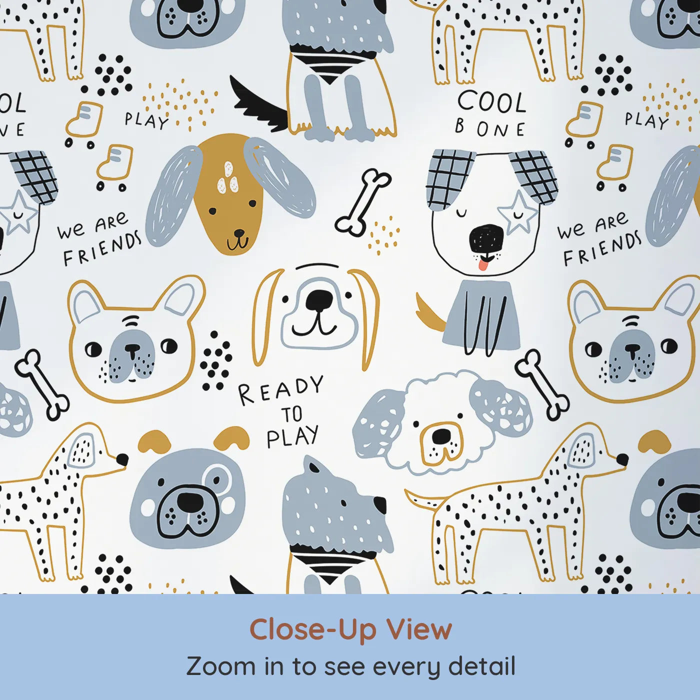 Close-up view of Whimsy Tots' Playful Puppy Portraits Wallpaper (W2226).Where a pack of cool, hand-drawn dogs are ready to play.