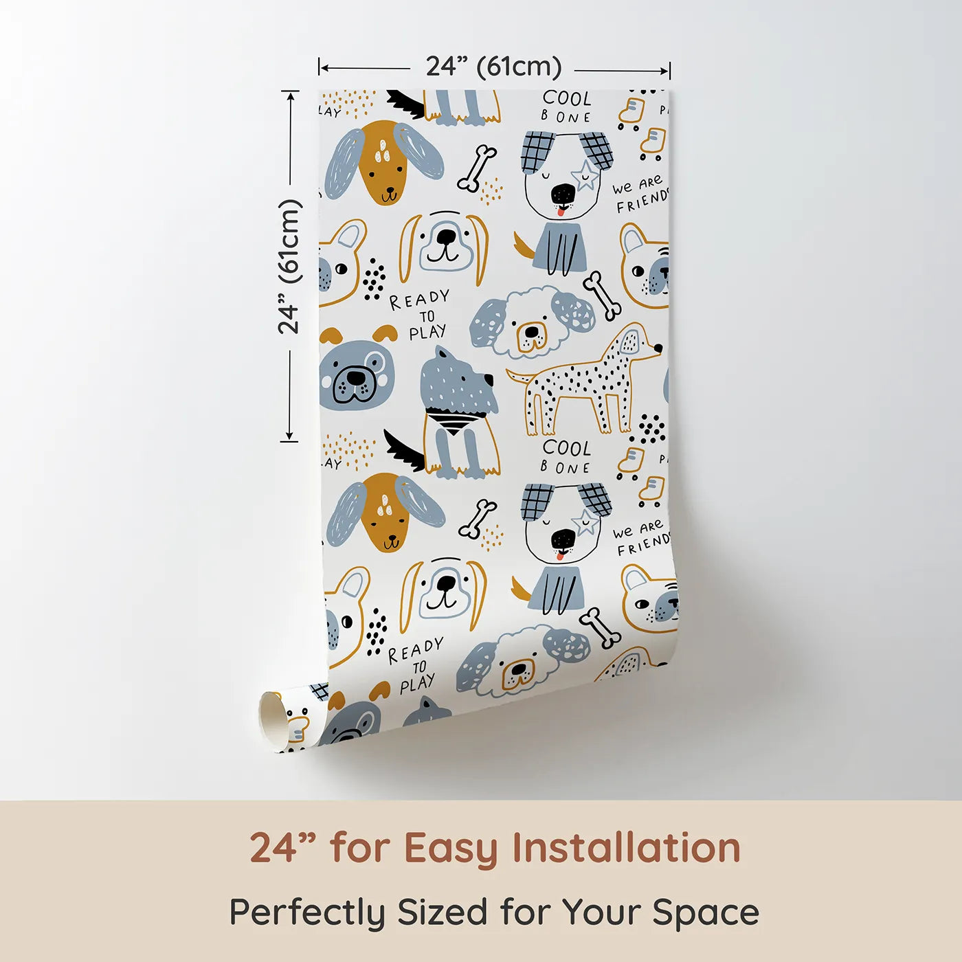 Dimension view of Whimsy Tots Playful Puppy Portraits Wallpaper (W2226). Printed in 24-inch-wide panel for easy installation. Where a pack of cool, hand-drawn dogs are ready to play.