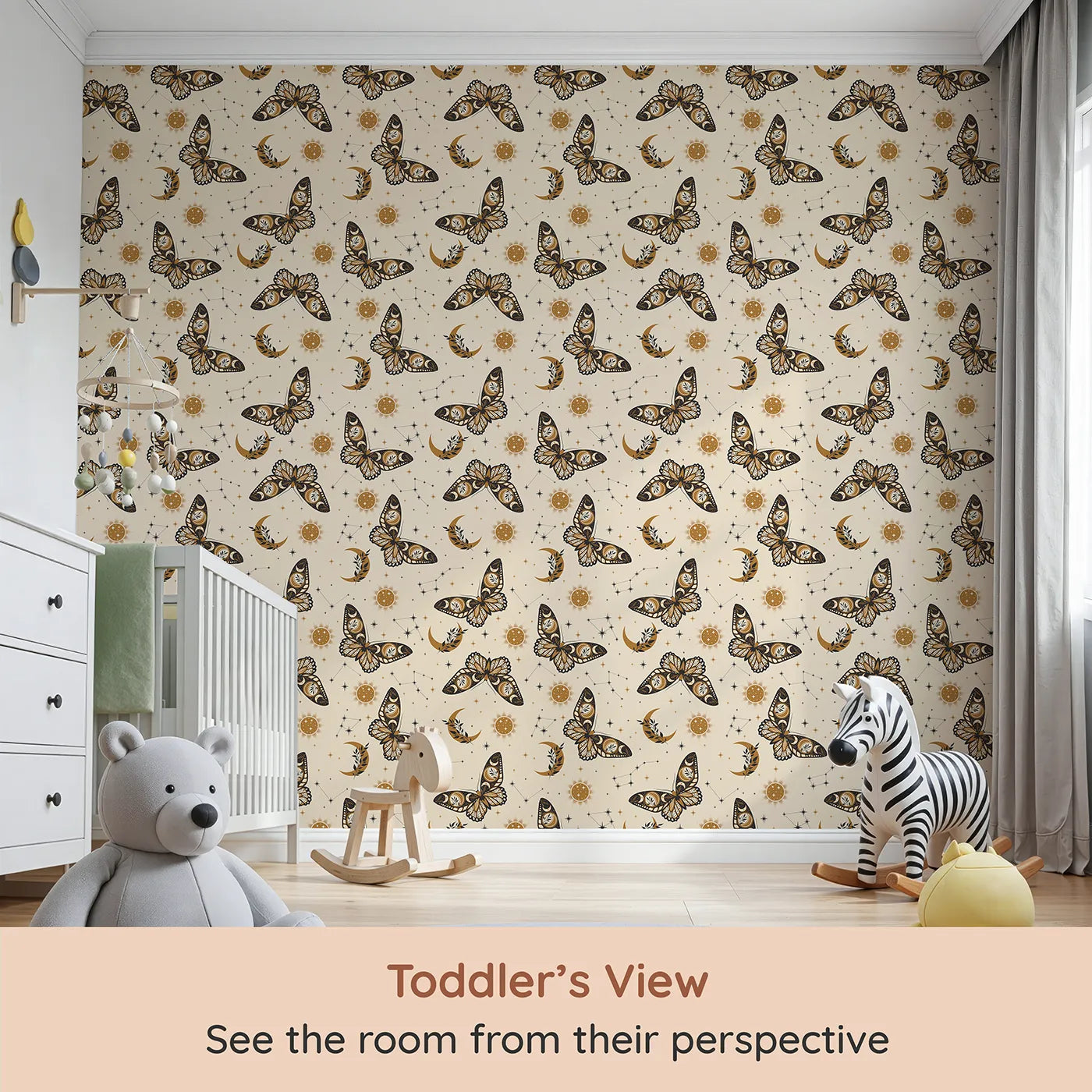 Whimsy Tots Celestial Moth and Moon Wallpaper (W2228) from your child's view.Where beautiful, bohemian moths dance in the moonlight.