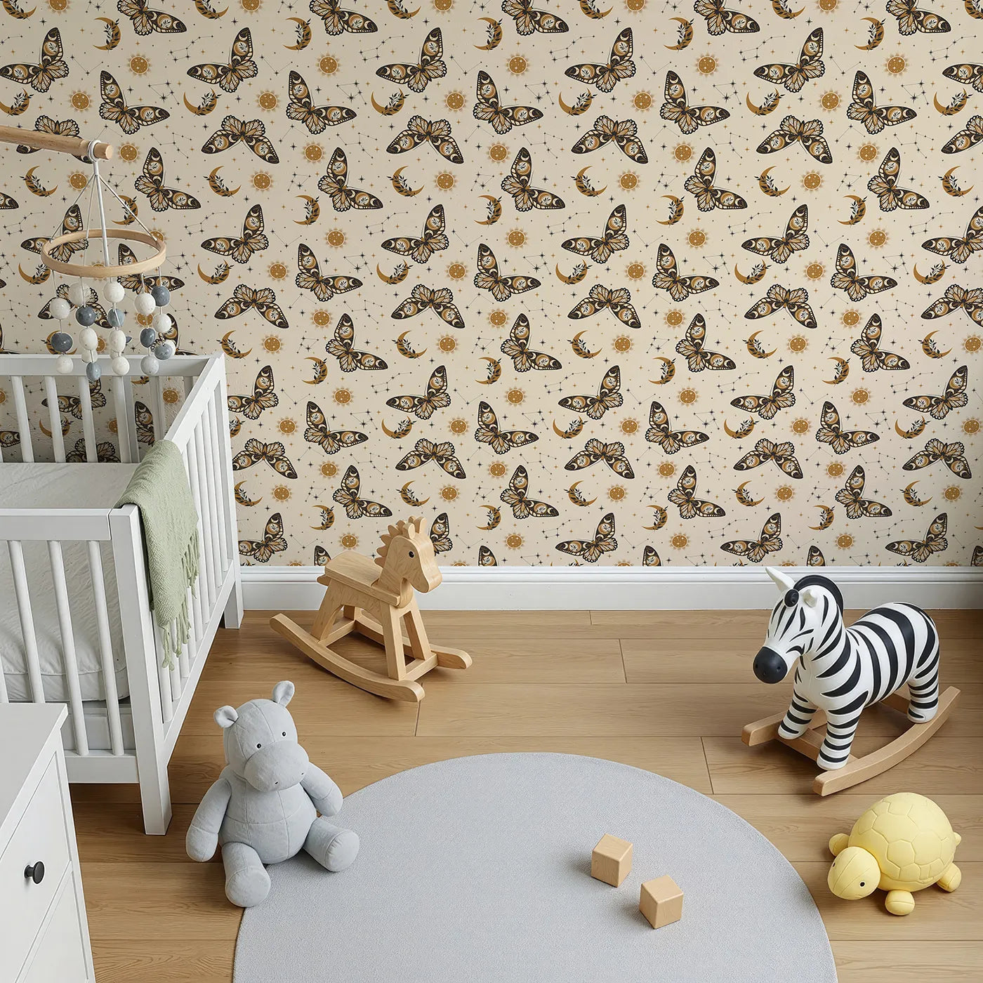 Top-Down view of Whimsy Tots' Celestial Moth and Moon Wallpaper (W2228).Where beautiful, bohemian moths dance in the moonlight.