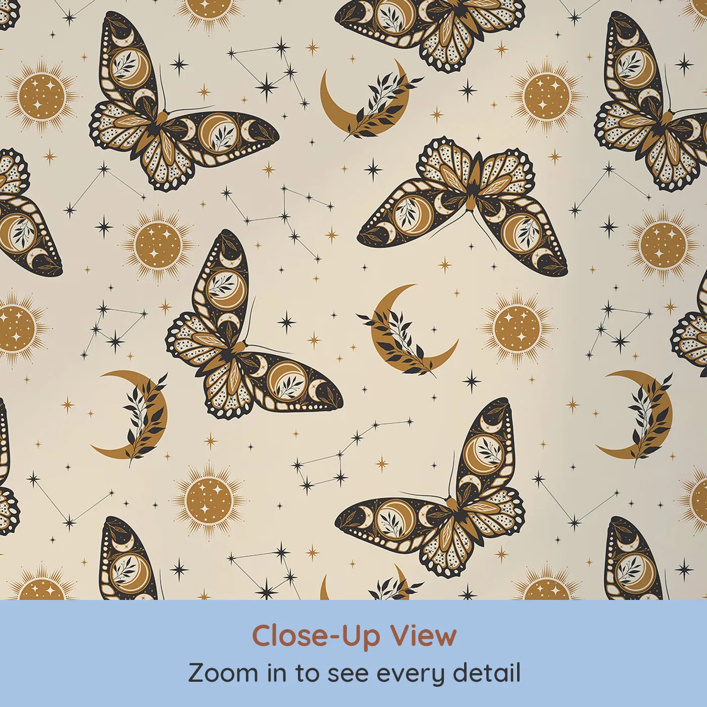 Close-up view of Whimsy Tots' Celestial Moth and Moon Wallpaper (W2228).Where beautiful, bohemian moths dance in the moonlight.