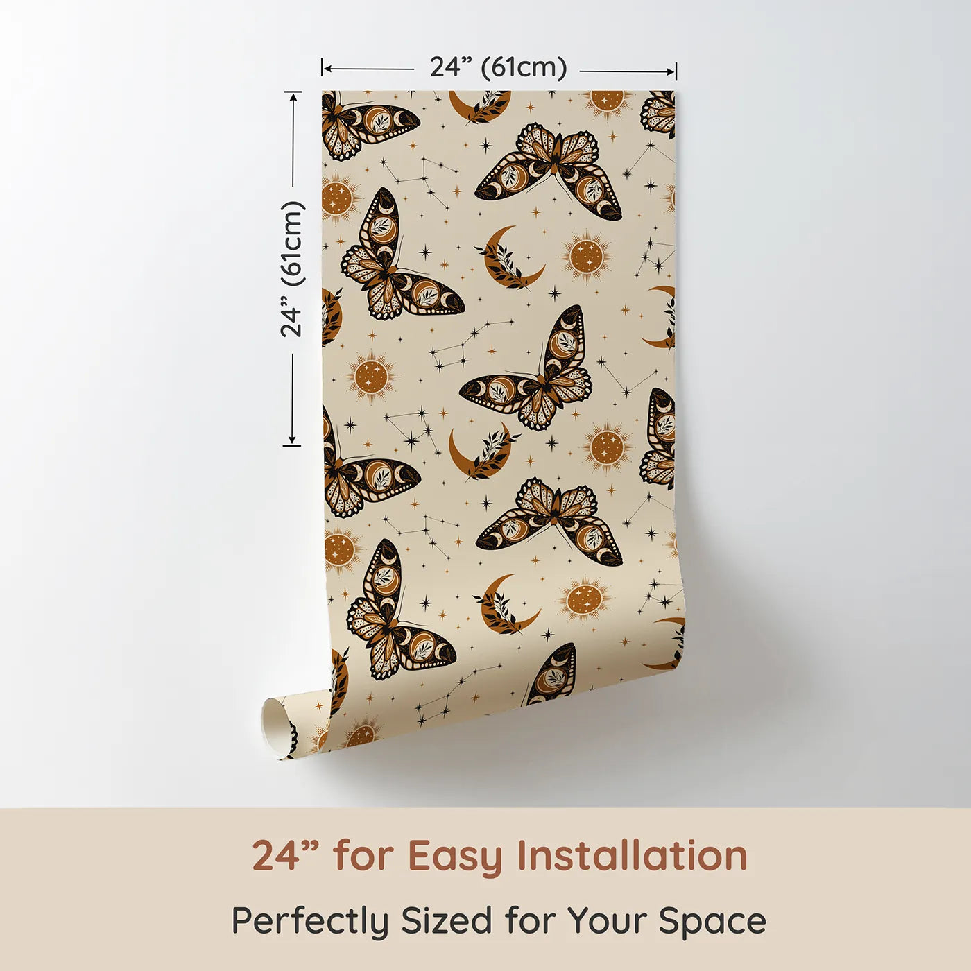 Dimension view of Whimsy Tots Celestial Moth and Moon Wallpaper (W2228). Printed in 24-inch-wide panel for easy installation. Where beautiful, bohemian moths dance in the moonlight.