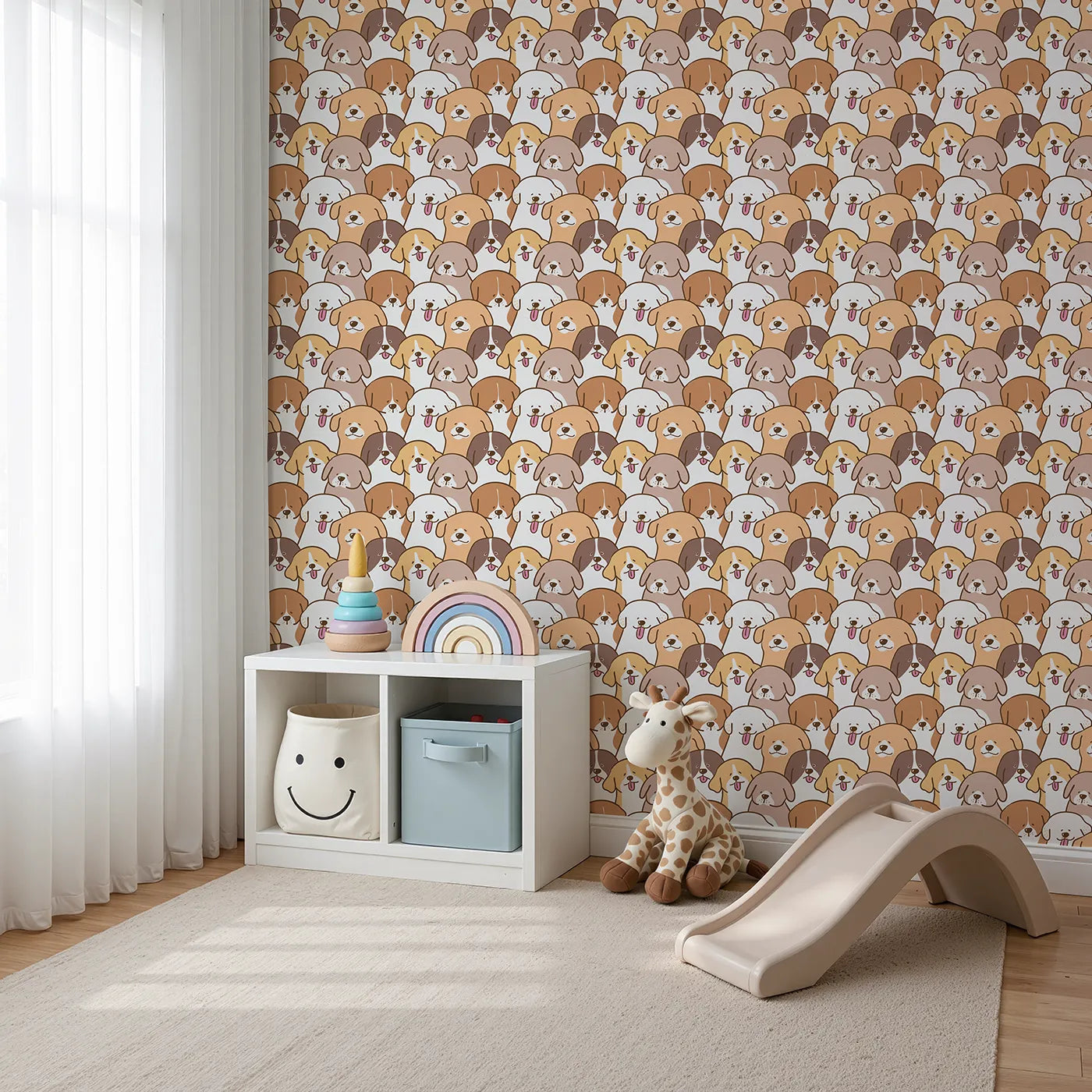 Angled view of Whimsy Tots' Happy Puppy Pile Wallpaper (W2229).Where a whole crowd of happy dogs are waiting for a hug.