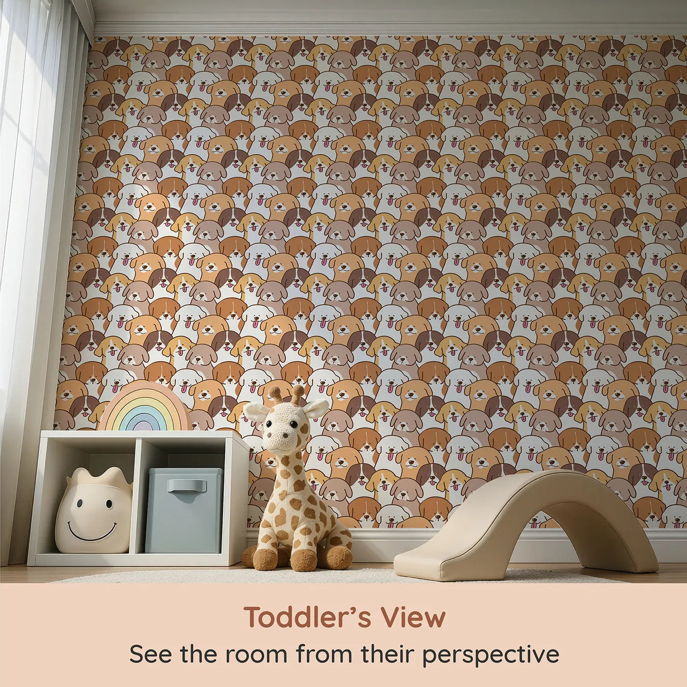 Whimsy Tots Happy Puppy Pile Wallpaper (W2229) from your child's view.Where a whole crowd of happy dogs are waiting for a hug.