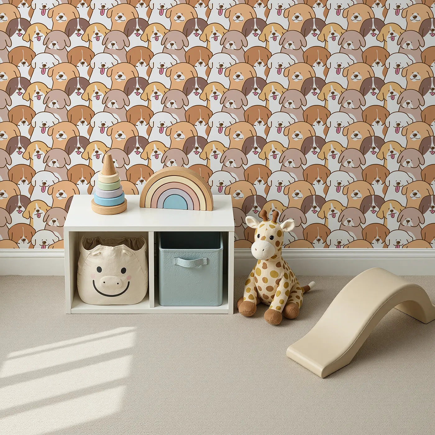 Top-Down view of Whimsy Tots' Happy Puppy Pile Wallpaper (W2229).Where a whole crowd of happy dogs are waiting for a hug.