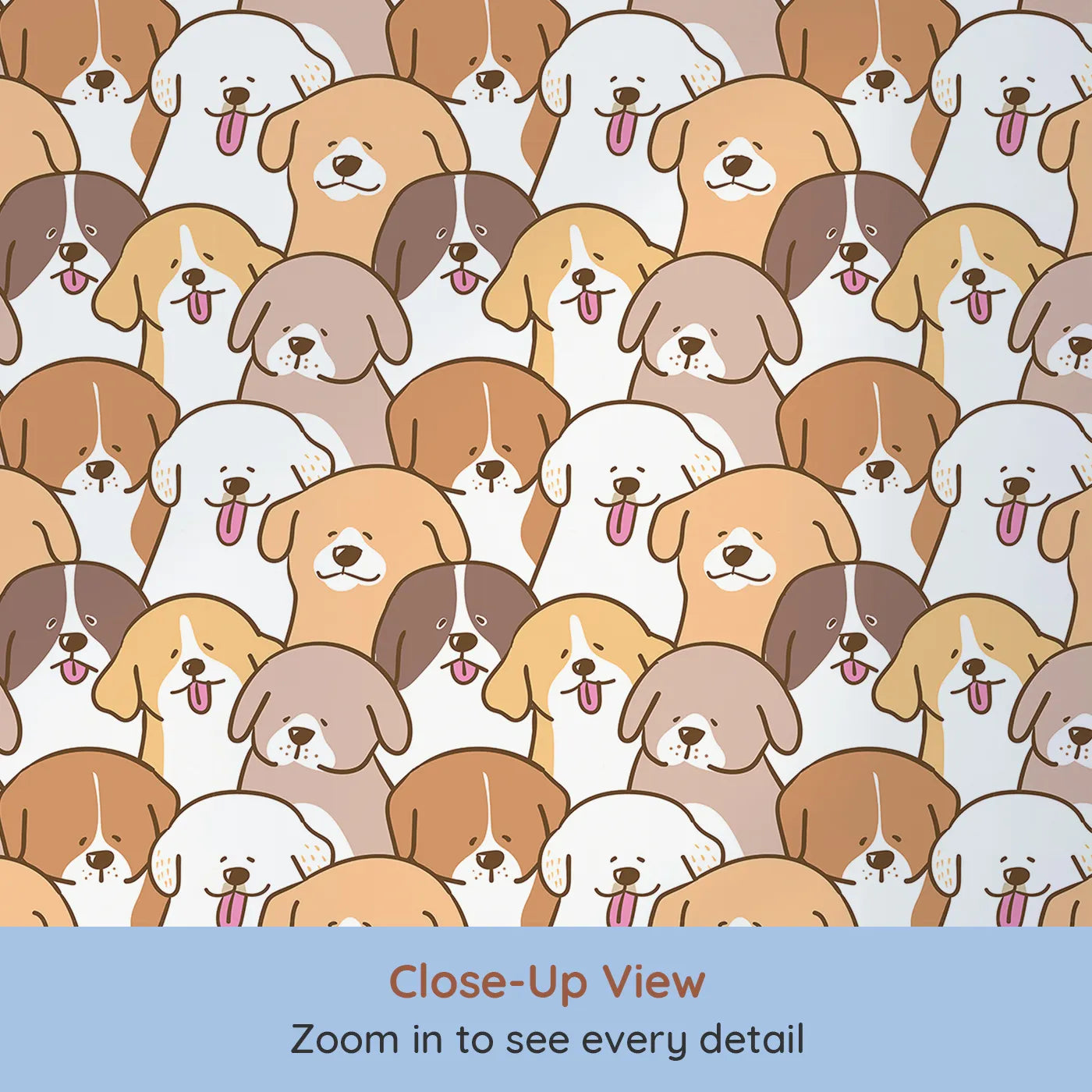 Close-up view of Whimsy Tots' Happy Puppy Pile Wallpaper (W2229).Where a whole crowd of happy dogs are waiting for a hug.