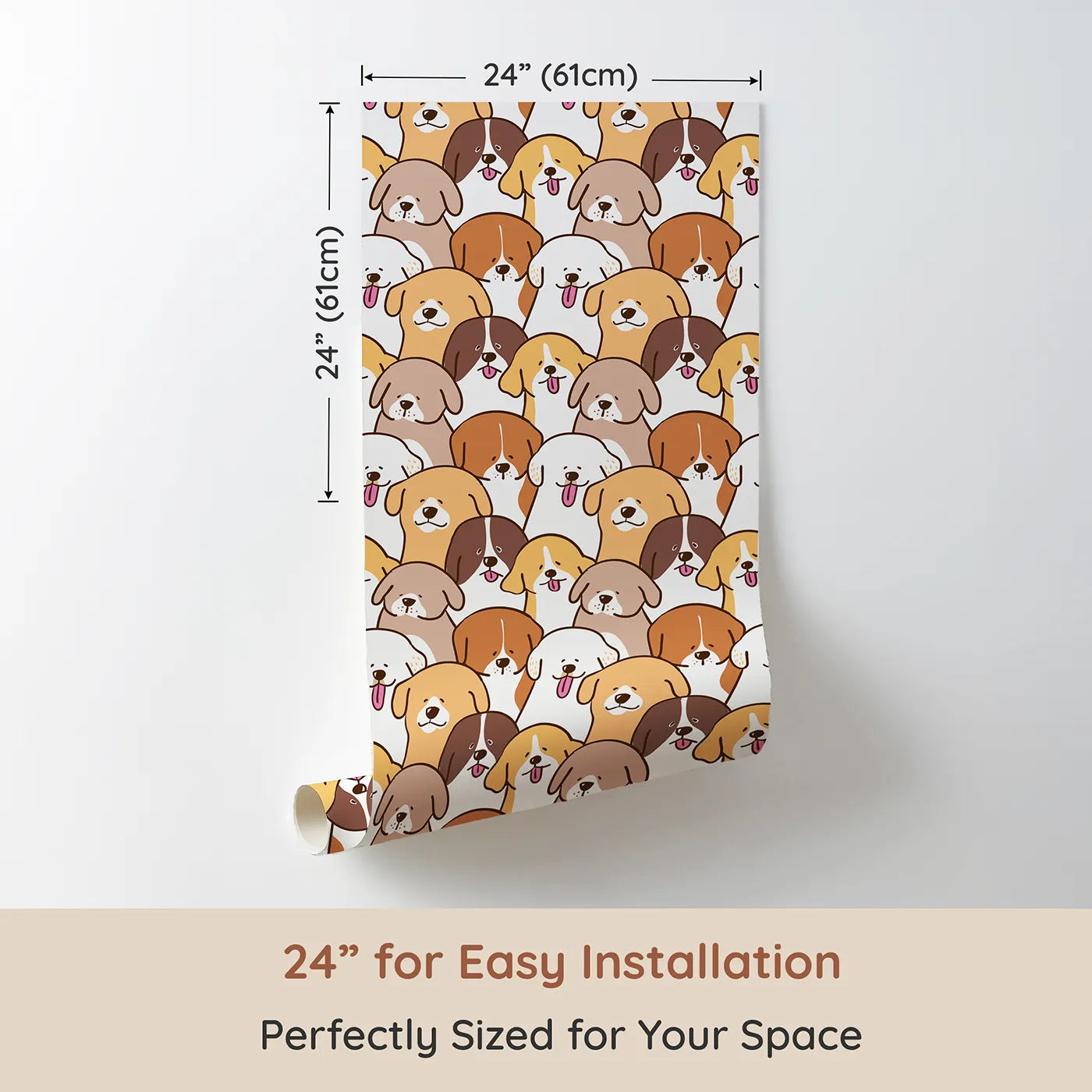 Dimension view of Whimsy Tots Happy Puppy Pile Wallpaper (W2229). Printed in 24-inch-wide panel for easy installation. Where a whole crowd of happy dogs are waiting for a hug.