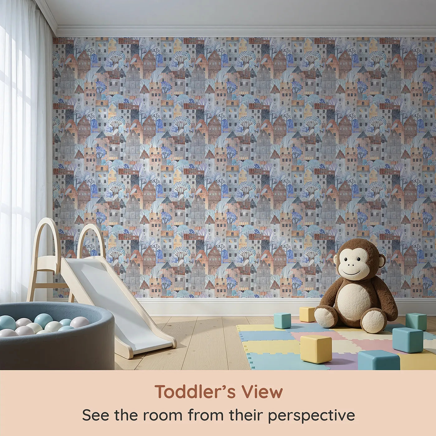 Whimsy Tots Snowy Watercolor Village Wallpaper (W2230) from your child's view.Where a gentle snow falls on a cozy, storybook village.