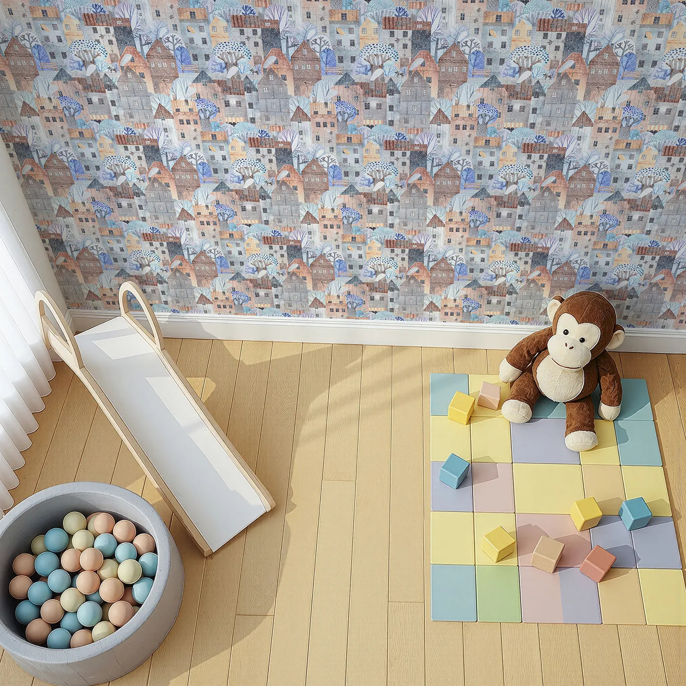 Top-Down view of Whimsy Tots' Snowy Watercolor Village Wallpaper (W2230).Where a gentle snow falls on a cozy, storybook village.