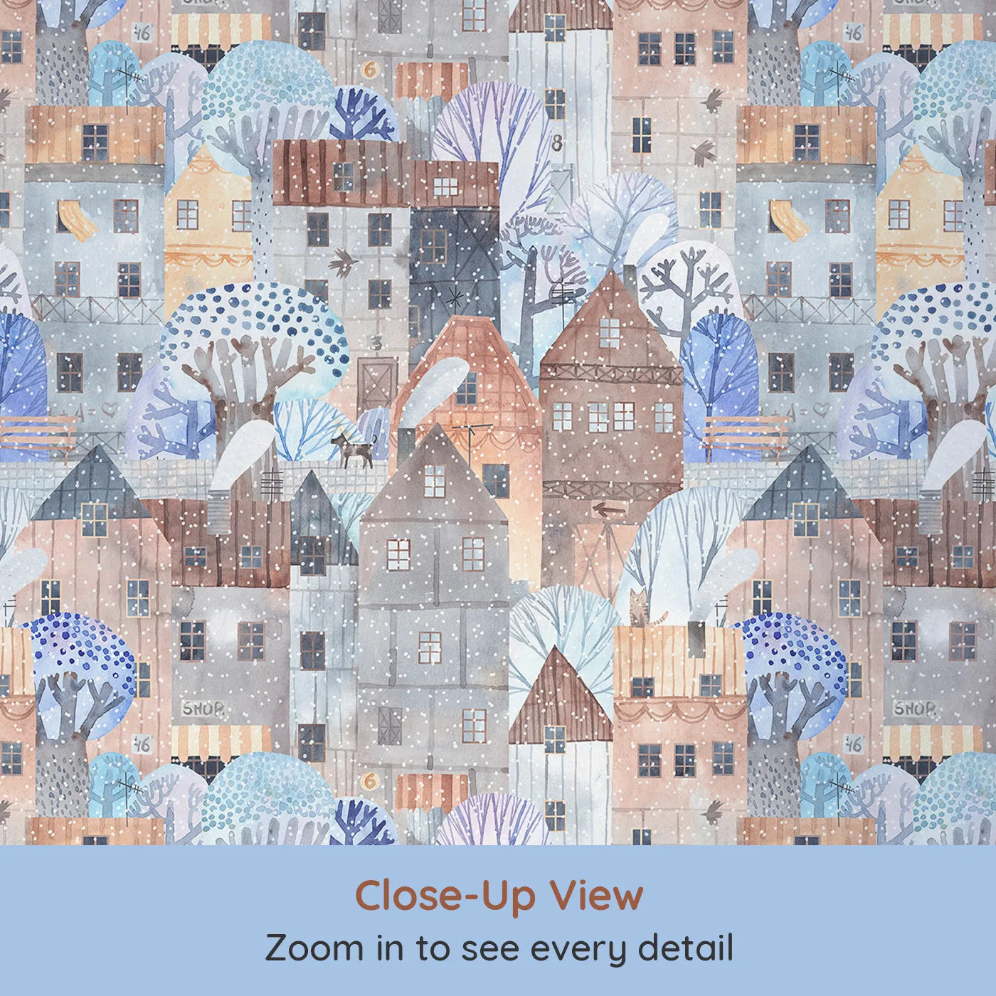 Close-up view of Whimsy Tots' Snowy Watercolor Village Wallpaper (W2230).Where a gentle snow falls on a cozy, storybook village.