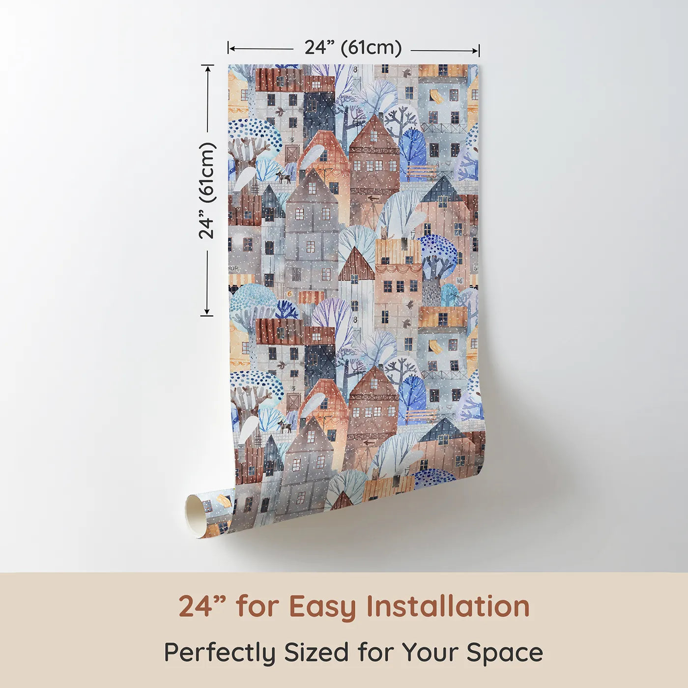 Dimension view of Whimsy Tots Snowy Watercolor Village Wallpaper (W2230). Printed in 24-inch-wide panel for easy installation. Where a gentle snow falls on a cozy, storybook village.