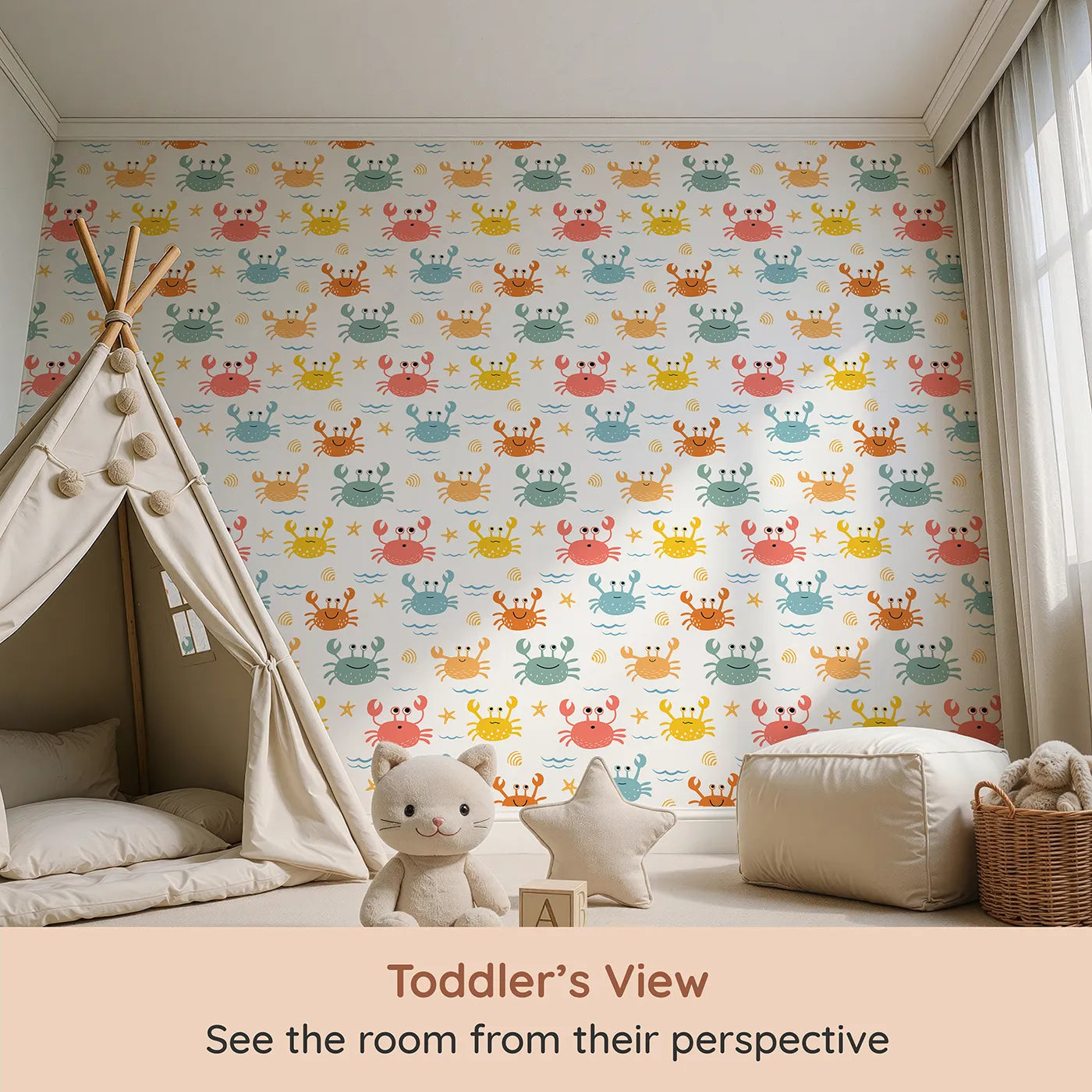 Whimsy Tots Happy Crab Friends Wallpaper (W2231) from your child's view.Where a crew of colorful crabs is ready for some seaside fun.