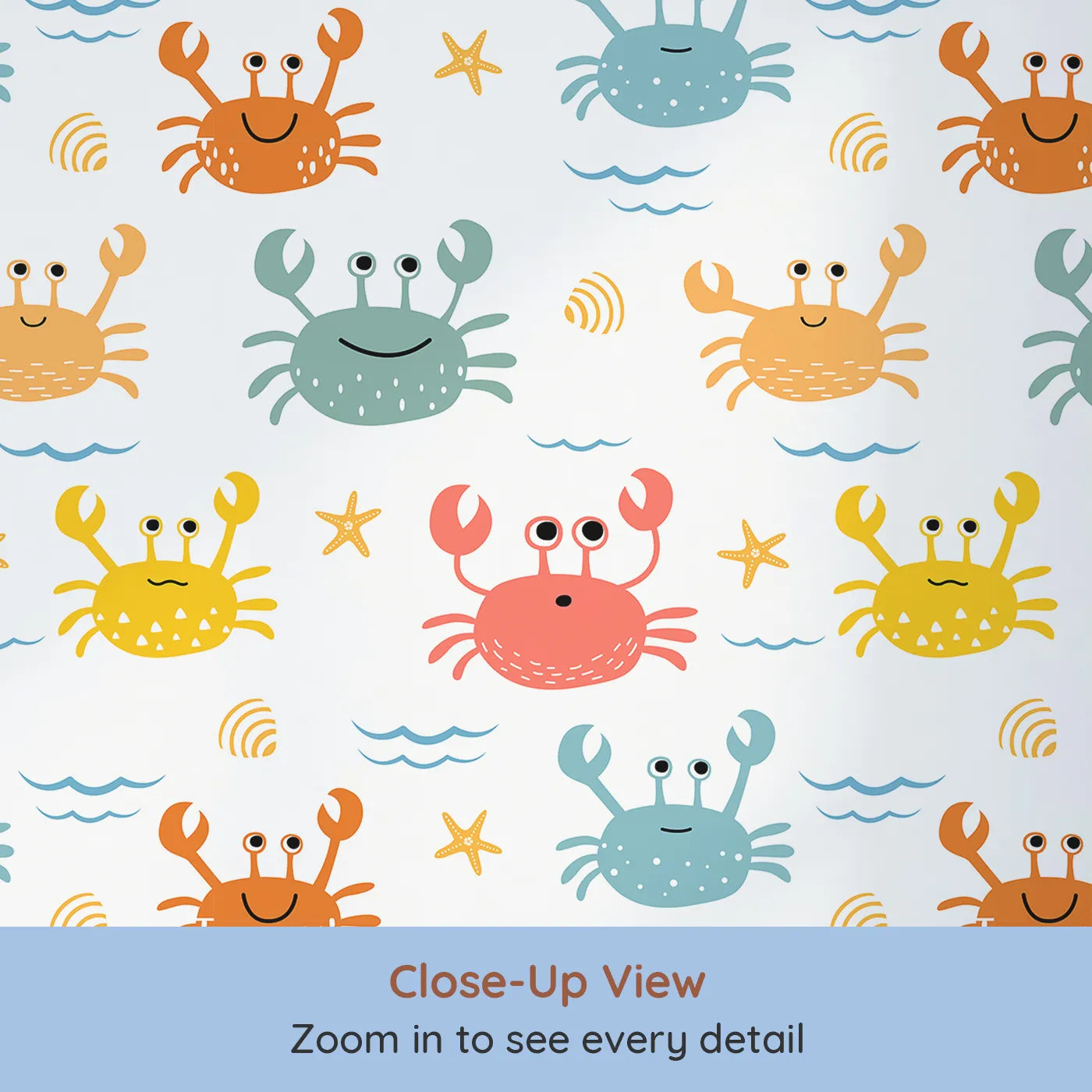 Close-up view of Whimsy Tots' Happy Crab Friends Wallpaper (W2231).Where a crew of colorful crabs is ready for some seaside fun.