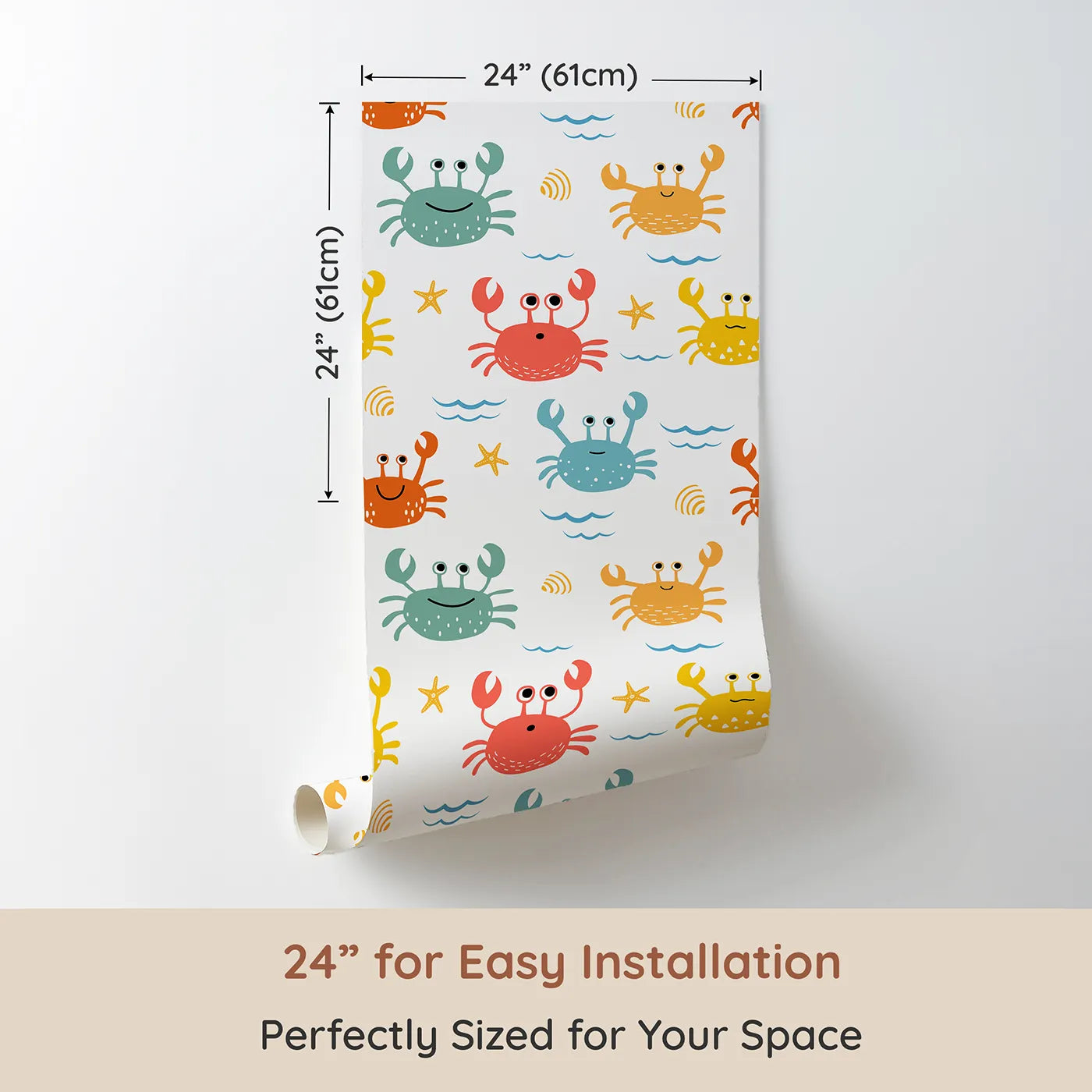 Dimension view of Whimsy Tots Happy Crab Friends Wallpaper (W2231). Printed in 24-inch-wide panel for easy installation. Where a crew of colorful crabs is ready for some seaside fun.