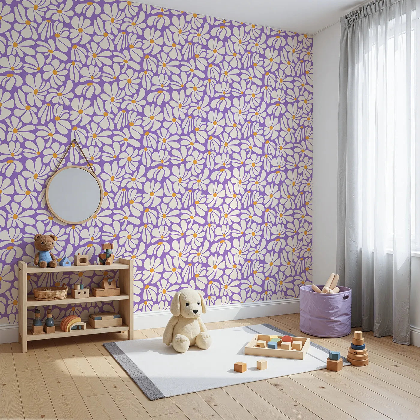 Angled view of Whimsy Tots' Groovy Daisy Wallpaper in Purple (W2232).Where big, bold daisies are always in bloom.