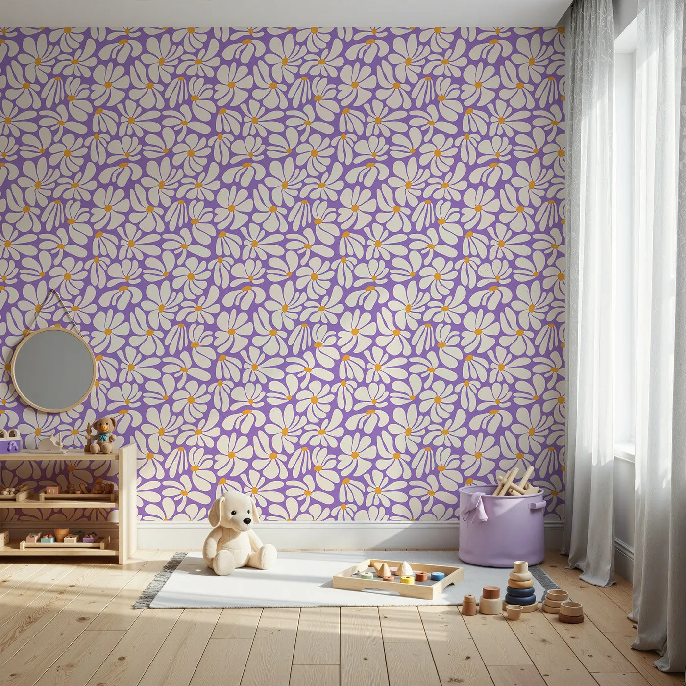 Front view of Whimsy Tots' Groovy Daisy Wallpaper in Purple