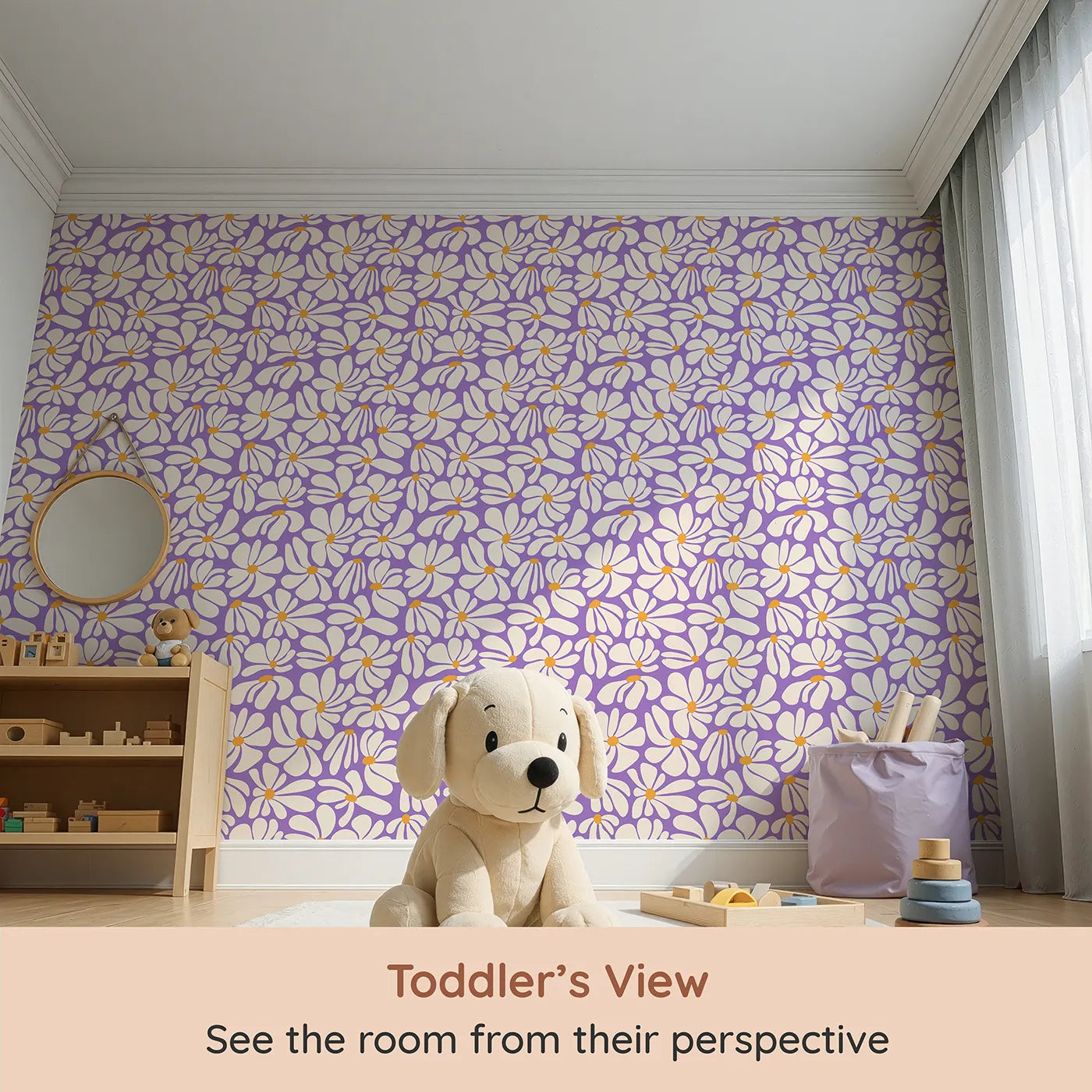 Whimsy Tots Groovy Daisy Wallpaper in Purple (W2232) from your child's view.Where big, bold daisies are always in bloom.