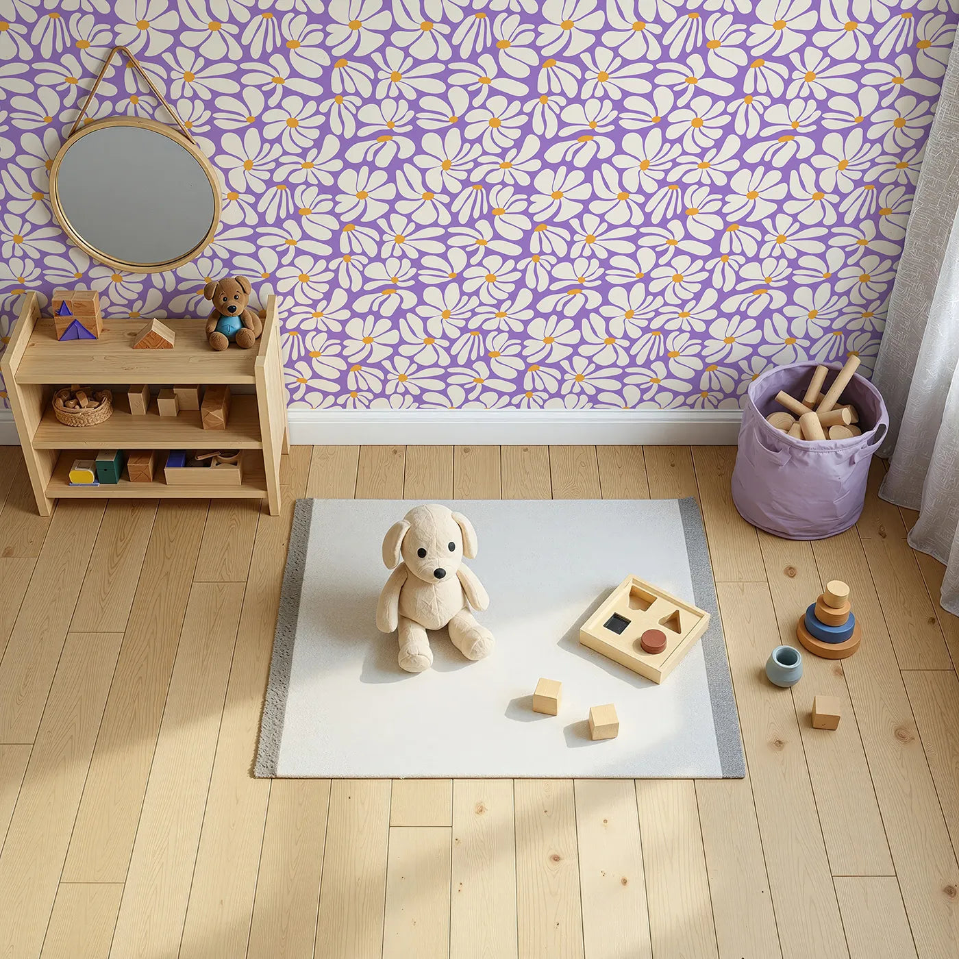 Top-Down view of Whimsy Tots' Groovy Daisy Wallpaper in Purple (W2232).Where big, bold daisies are always in bloom.