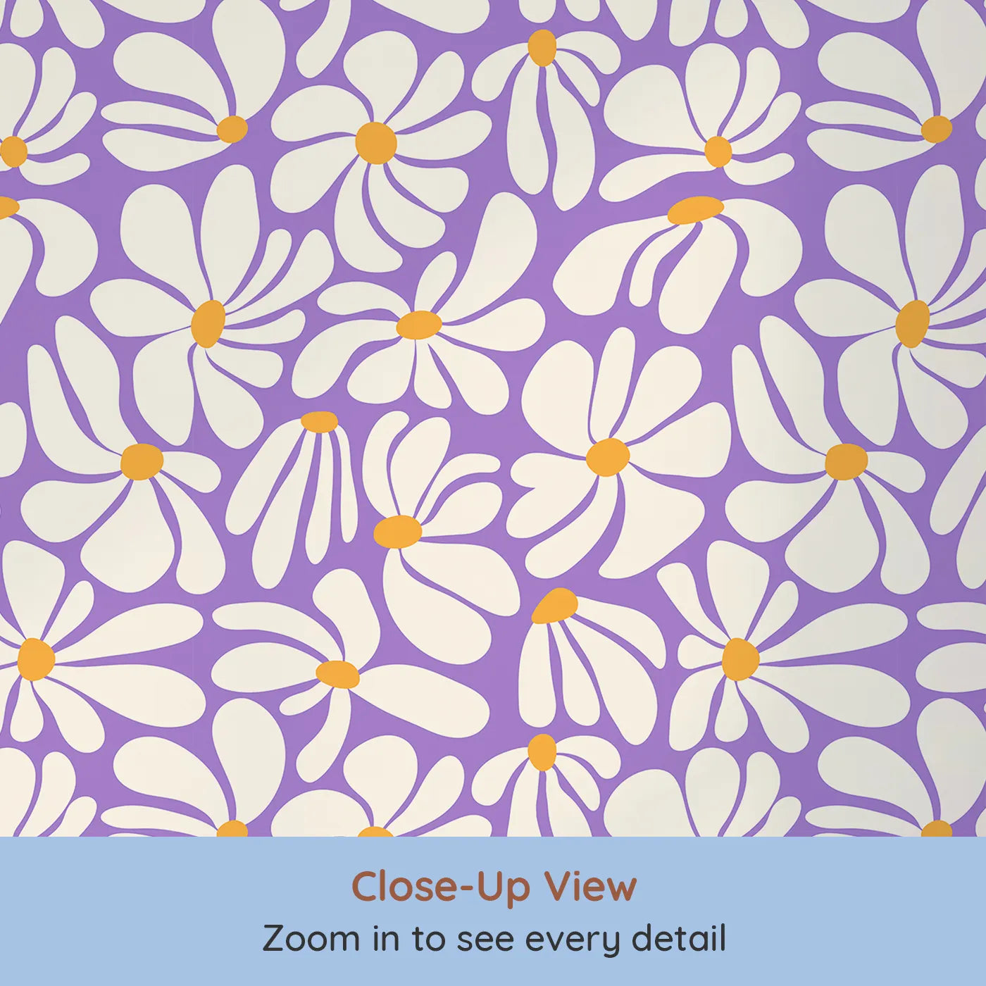 Close-up view of Whimsy Tots' Groovy Daisy Wallpaper in Purple (W2232).Where big, bold daisies are always in bloom.