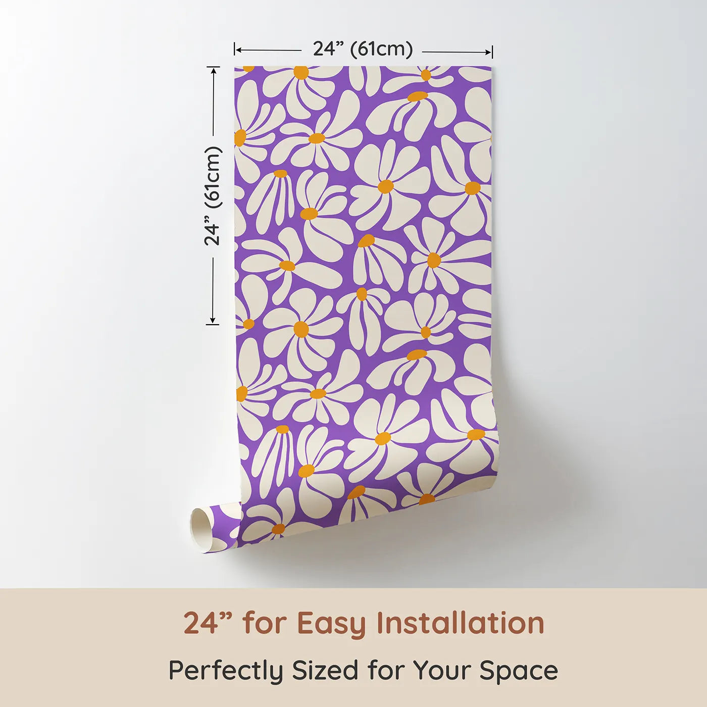 Dimension view of Whimsy Tots Groovy Daisy Wallpaper in Purple (W2232). Printed in 24-inch-wide panel for easy installation. Where big, bold daisies are always in bloom.