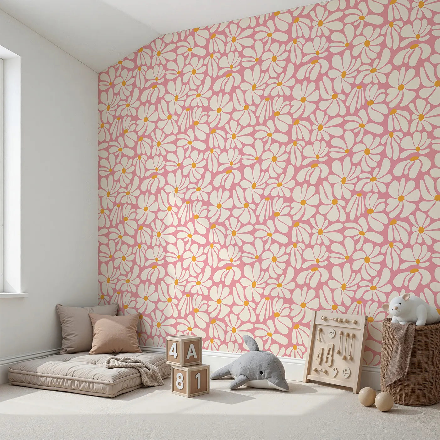 Angled view of Whimsy Tots' Groovy Daisy Wallpaper in Pink (W2233).Where big, bold daisies are always in bloom.