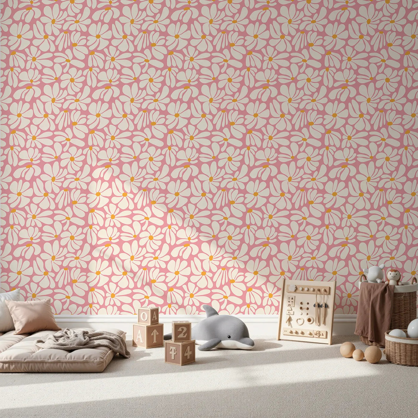 Front view of Whimsy Tots' Groovy Daisy Wallpaper in Pink