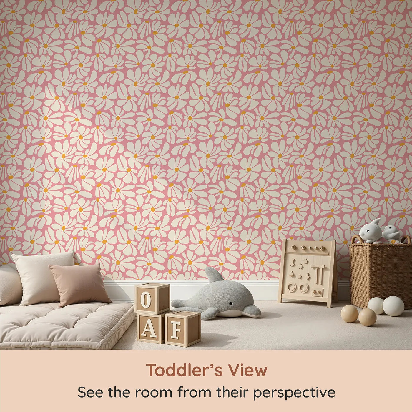 Whimsy Tots Groovy Daisy Wallpaper in Pink (W2233) from your child's view.Where big, bold daisies are always in bloom.