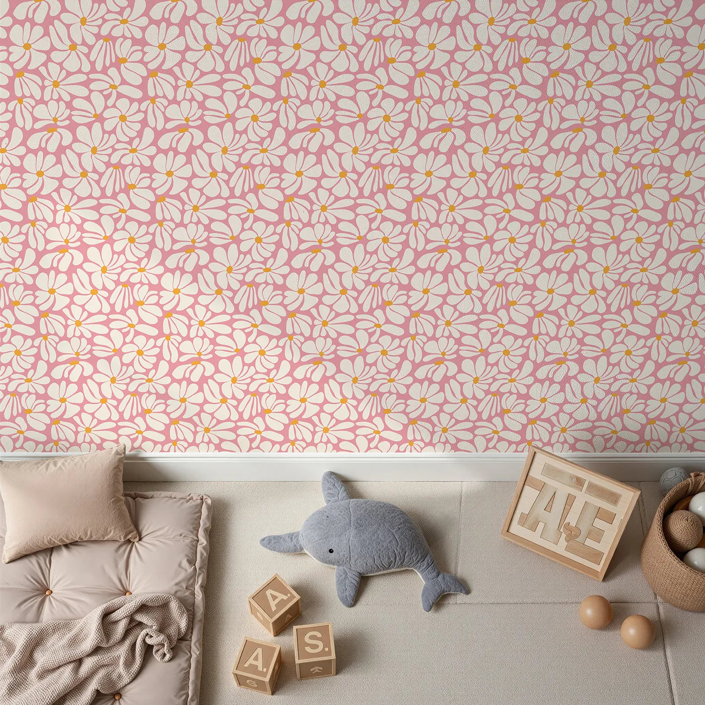 Top-Down view of Whimsy Tots' Groovy Daisy Wallpaper in Pink (W2233).Where big, bold daisies are always in bloom.