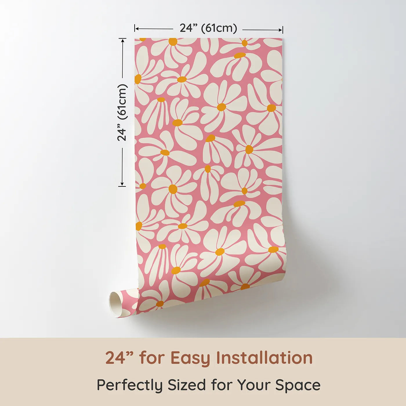 Dimension view of Whimsy Tots Groovy Daisy Wallpaper in Pink (W2233). Printed in 24-inch-wide panel for easy installation. Where big, bold daisies are always in bloom.