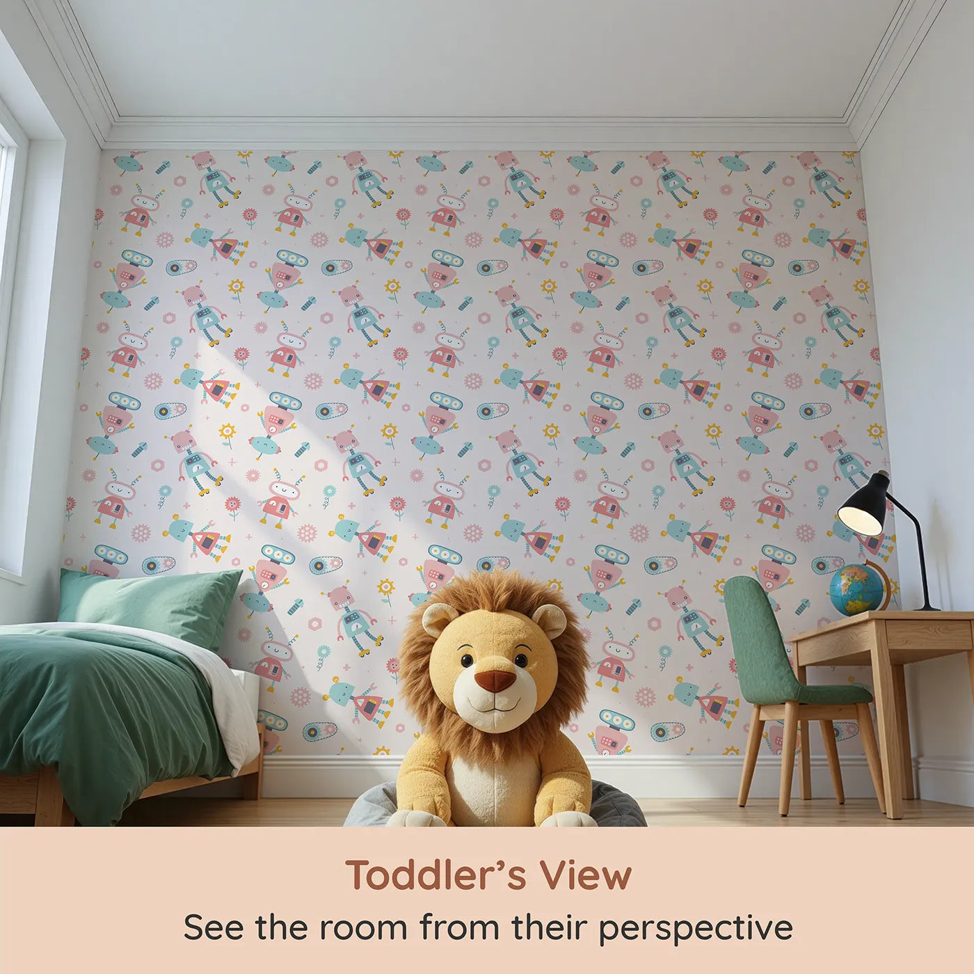 Whimsy Tots Pastel Robot Pals Wallpaper (W2234) from your child's view.Where a team of friendly robots is ready for fun and friendship.