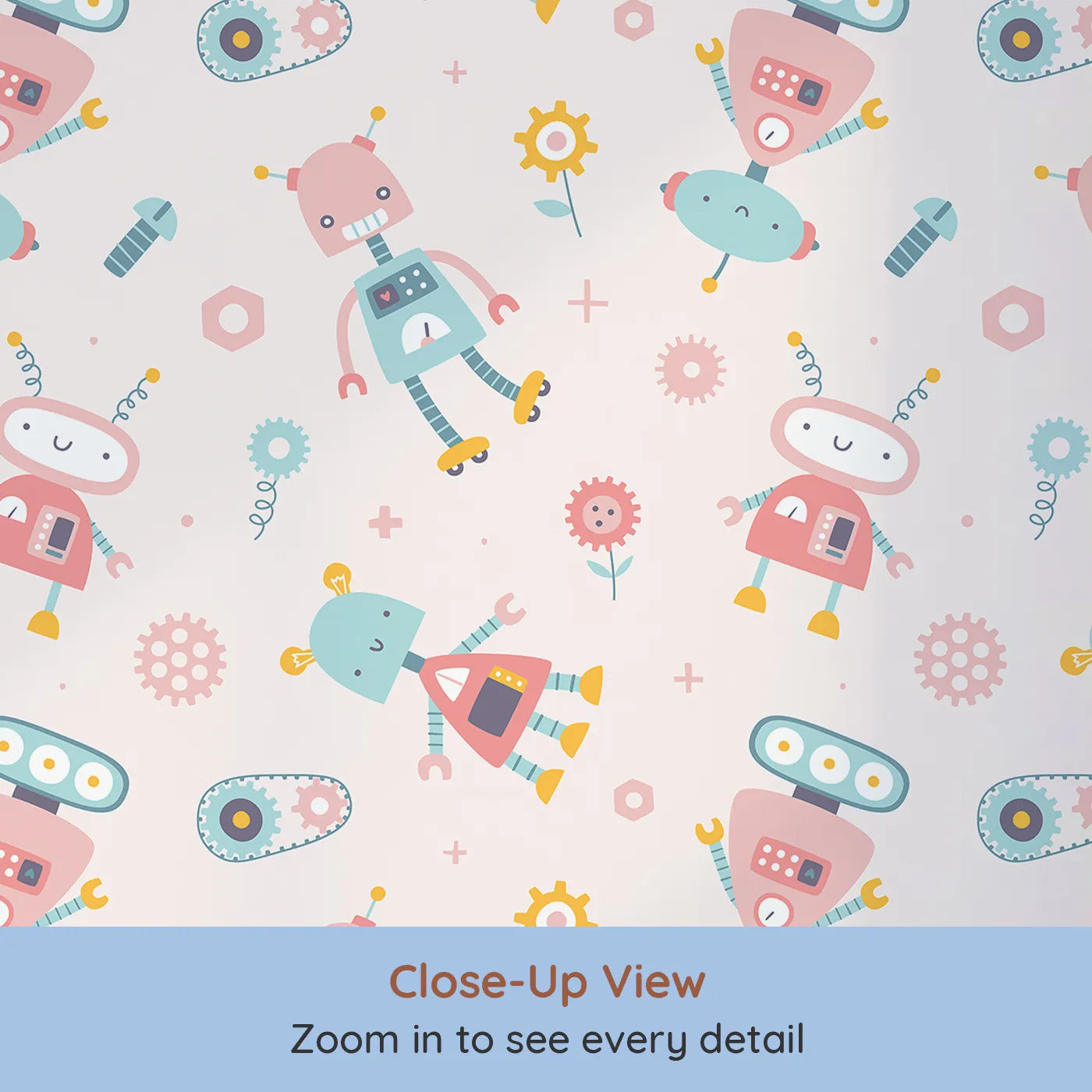 Close-up view of Whimsy Tots' Pastel Robot Pals Wallpaper (W2234).Where a team of friendly robots is ready for fun and friendship.