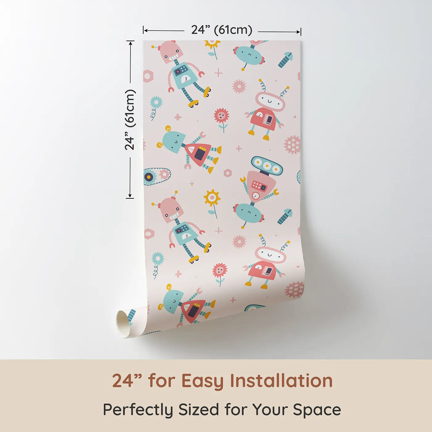 Dimension view of Whimsy Tots Pastel Robot Pals Wallpaper (W2234). Printed in 24-inch-wide panel for easy installation. Where a team of friendly robots is ready for fun and friendship.