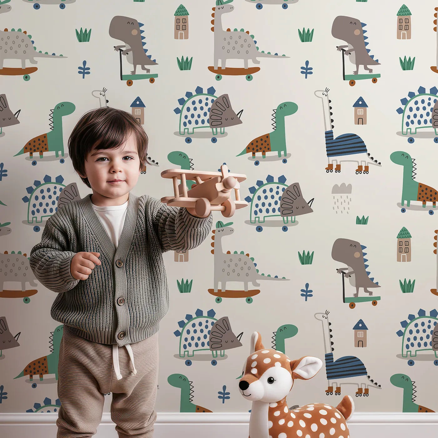 Lovely child standing in front of Whimsy Tots Skater Dino Crew Wallpaper with dinosaur, skateboard, scooter, cool, modern in design.