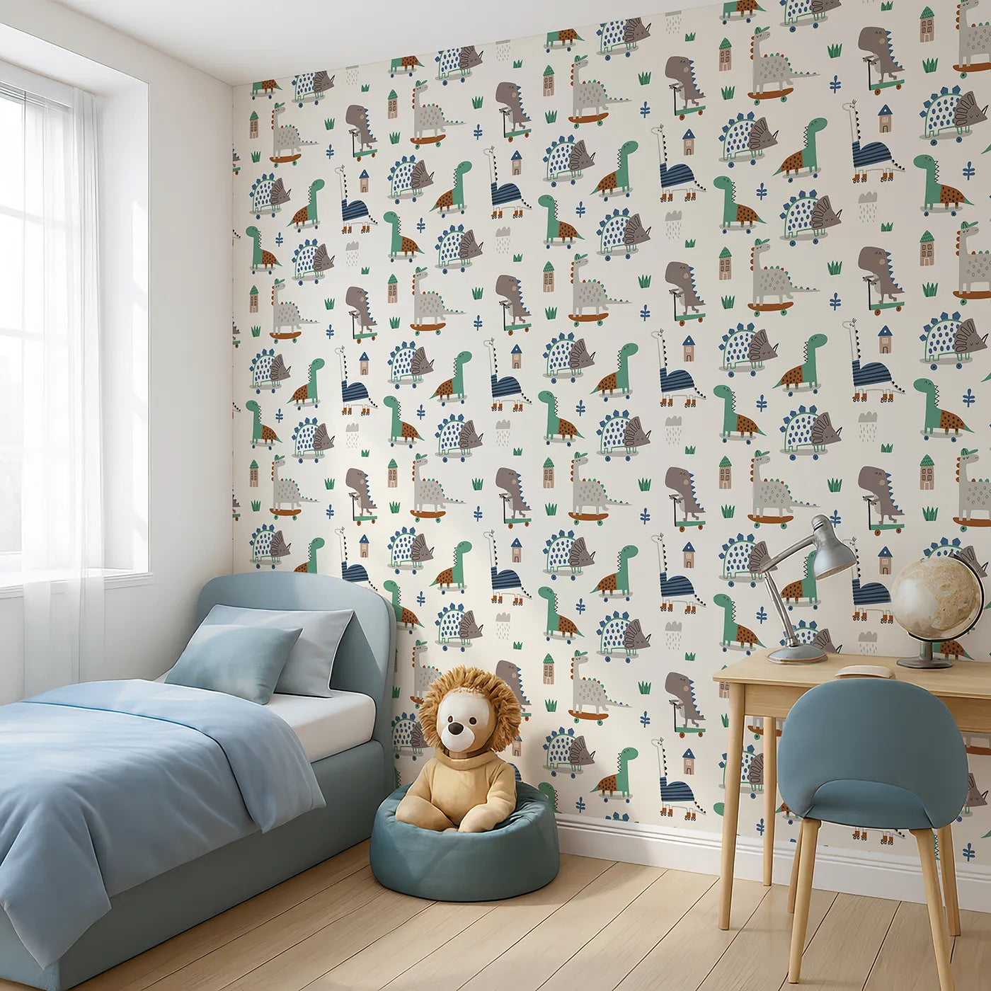 Angled view of Whimsy Tots' Skater Dino Crew Wallpaper (W2235).Where a crew of stylish dinosaurs shows off their best moves.