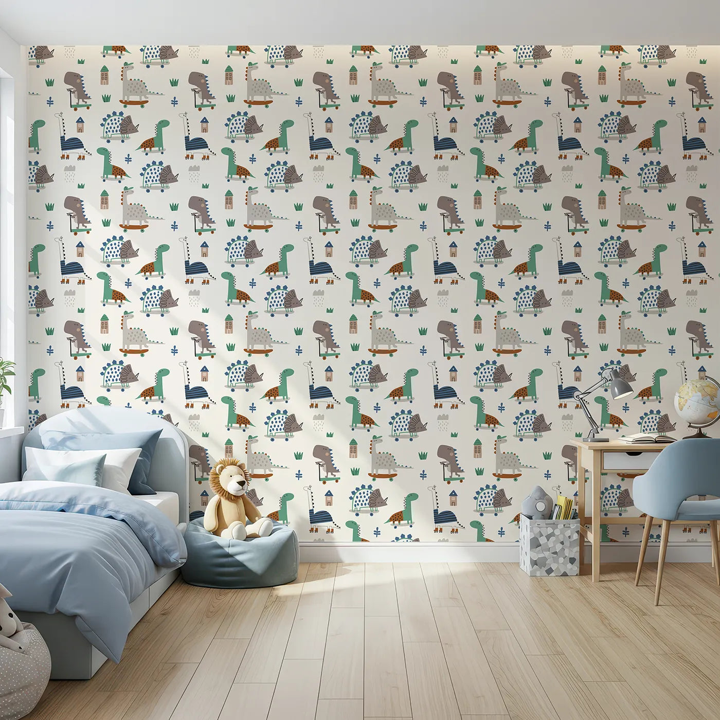 Front view of Whimsy Tots' Skater Dino Crew Wallpaper