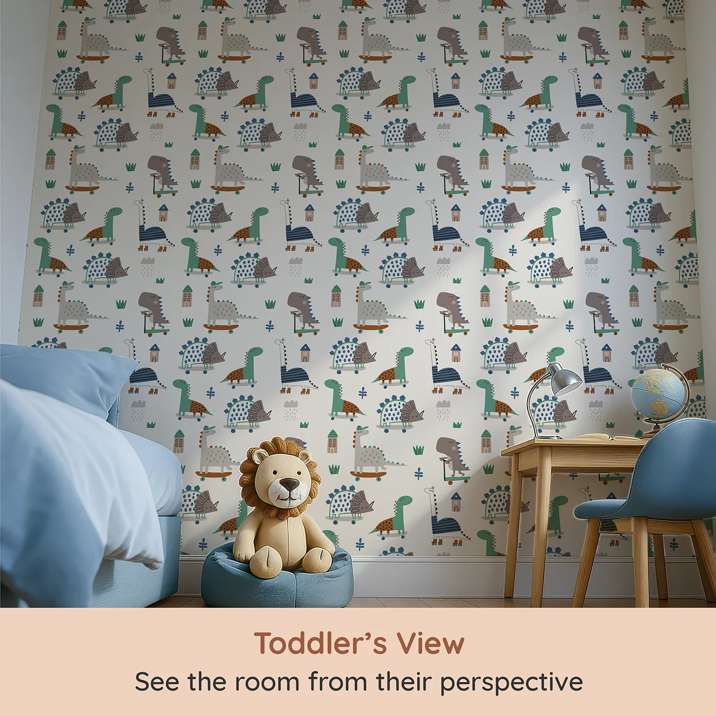 Whimsy Tots Skater Dino Crew Wallpaper (W2235) from your child's view.Where a crew of stylish dinosaurs shows off their best moves.