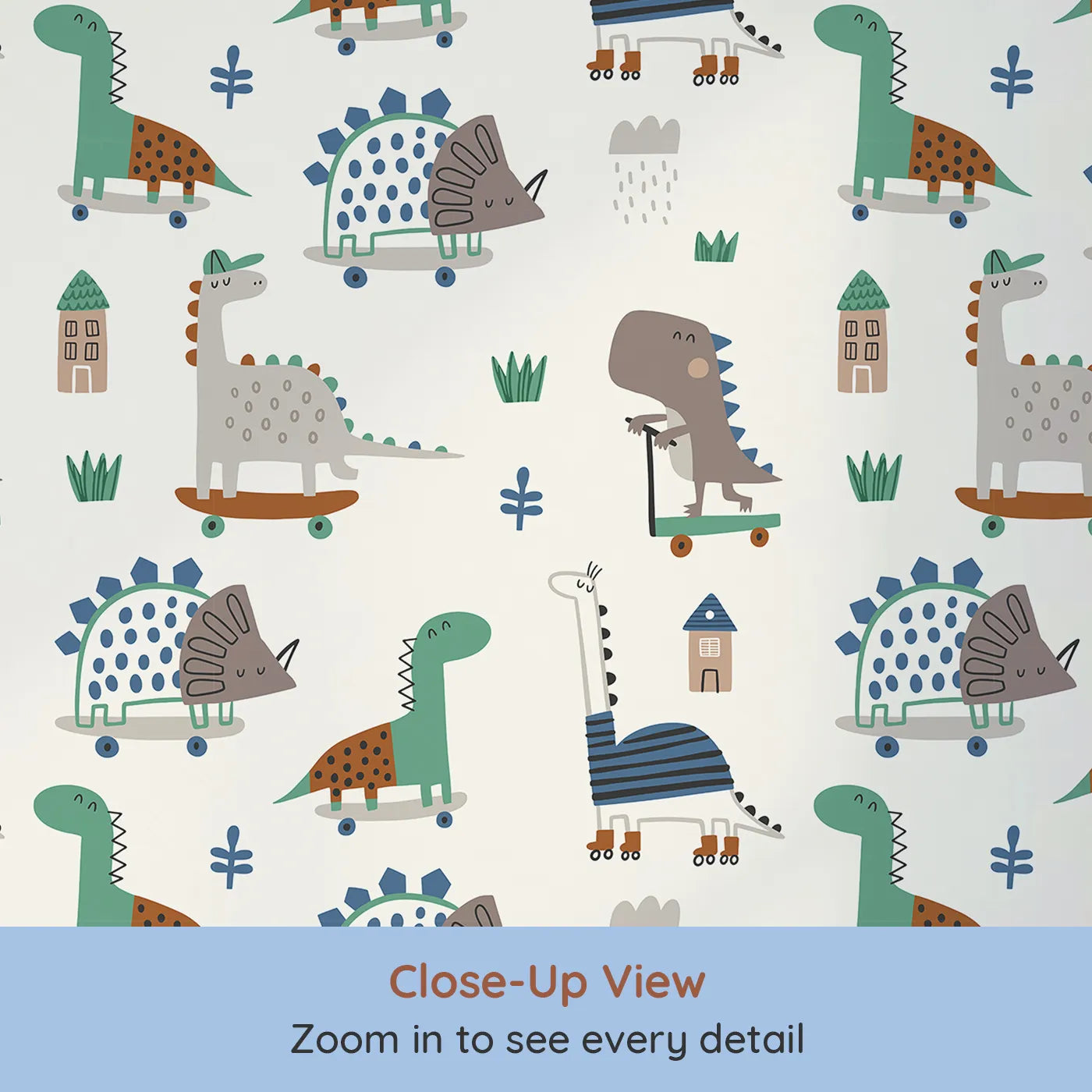 Close-up view of Whimsy Tots' Skater Dino Crew Wallpaper (W2235).Where a crew of stylish dinosaurs shows off their best moves.