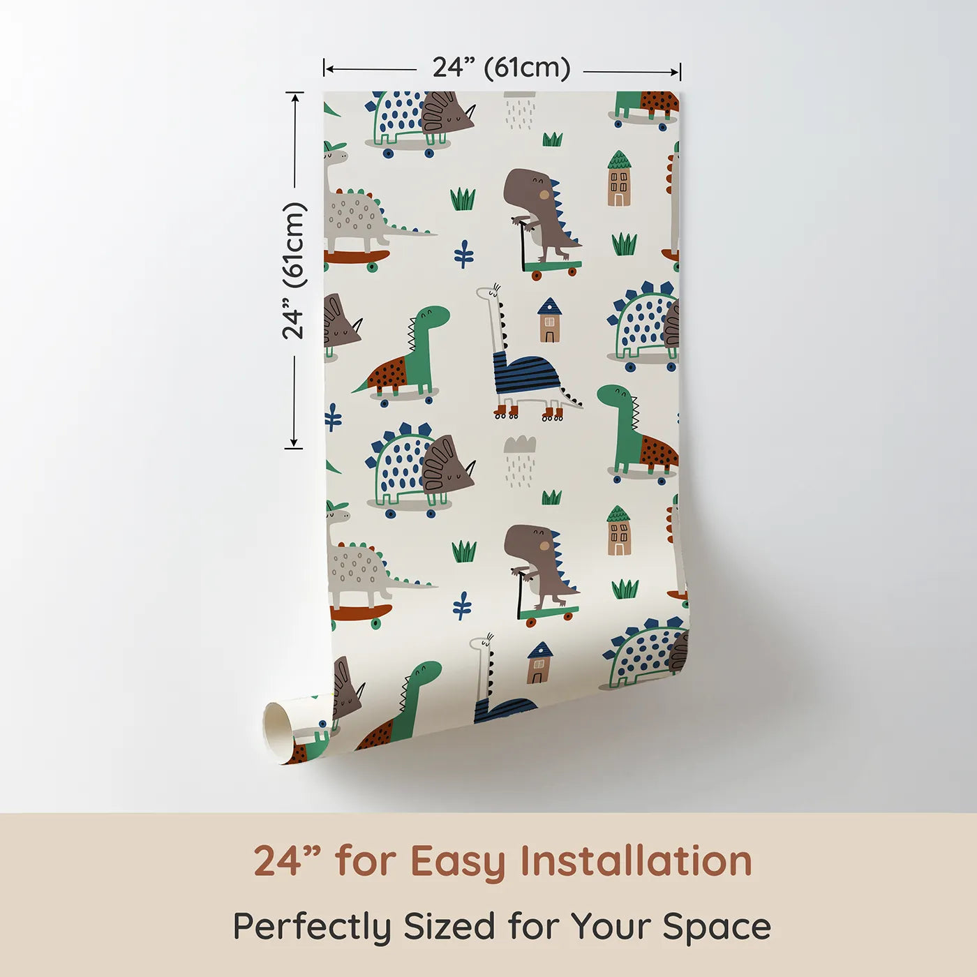 Dimension view of Whimsy Tots Skater Dino Crew Wallpaper (W2235). Printed in 24-inch-wide panel for easy installation. Where a crew of stylish dinosaurs shows off their best moves.