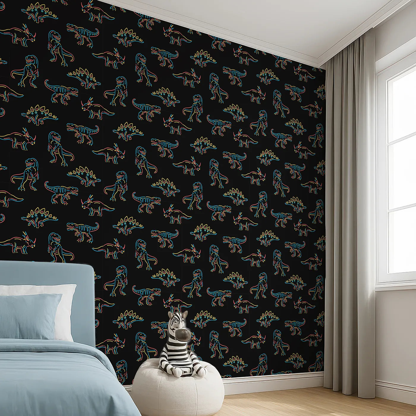 Angled view of Whimsy Tots' Neon Dinosaur Skeletons Wallpaper (W2236).Where glowing dinosaur skeletons are ready to play.