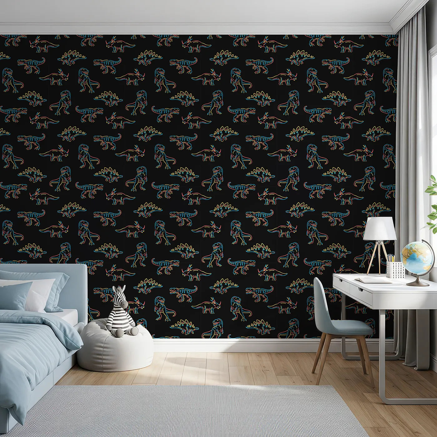 Front view of Whimsy Tots' Neon Dinosaur Skeletons Wallpaper
