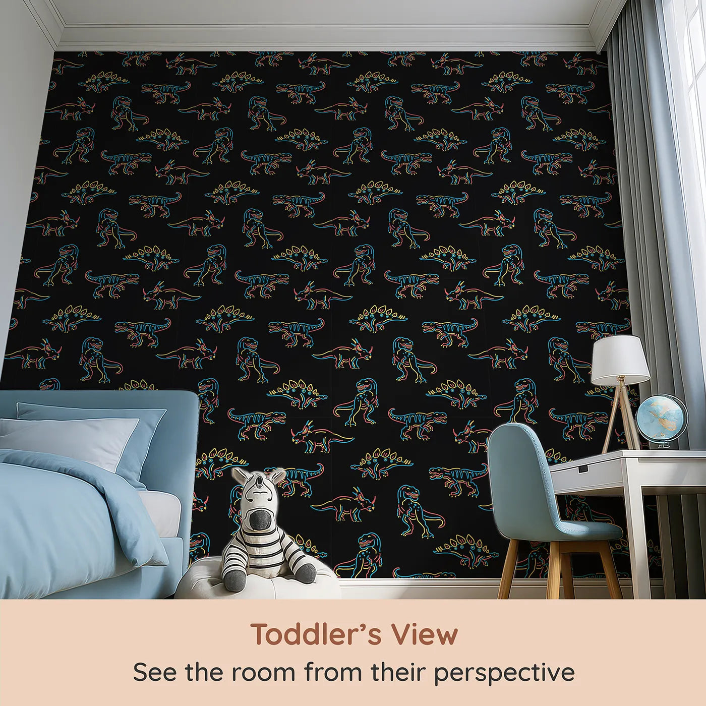Whimsy Tots Neon Dinosaur Skeletons Wallpaper (W2236) from your child's view.Where glowing dinosaur skeletons are ready to play.