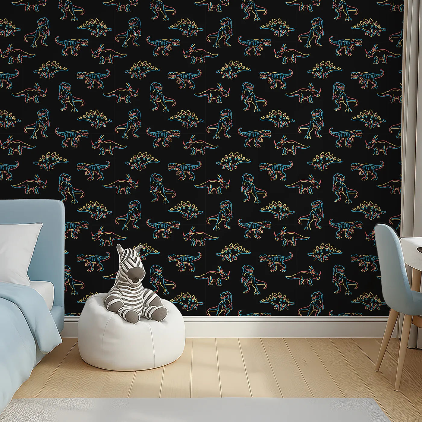 Top-Down view of Whimsy Tots' Neon Dinosaur Skeletons Wallpaper (W2236).Where glowing dinosaur skeletons are ready to play.