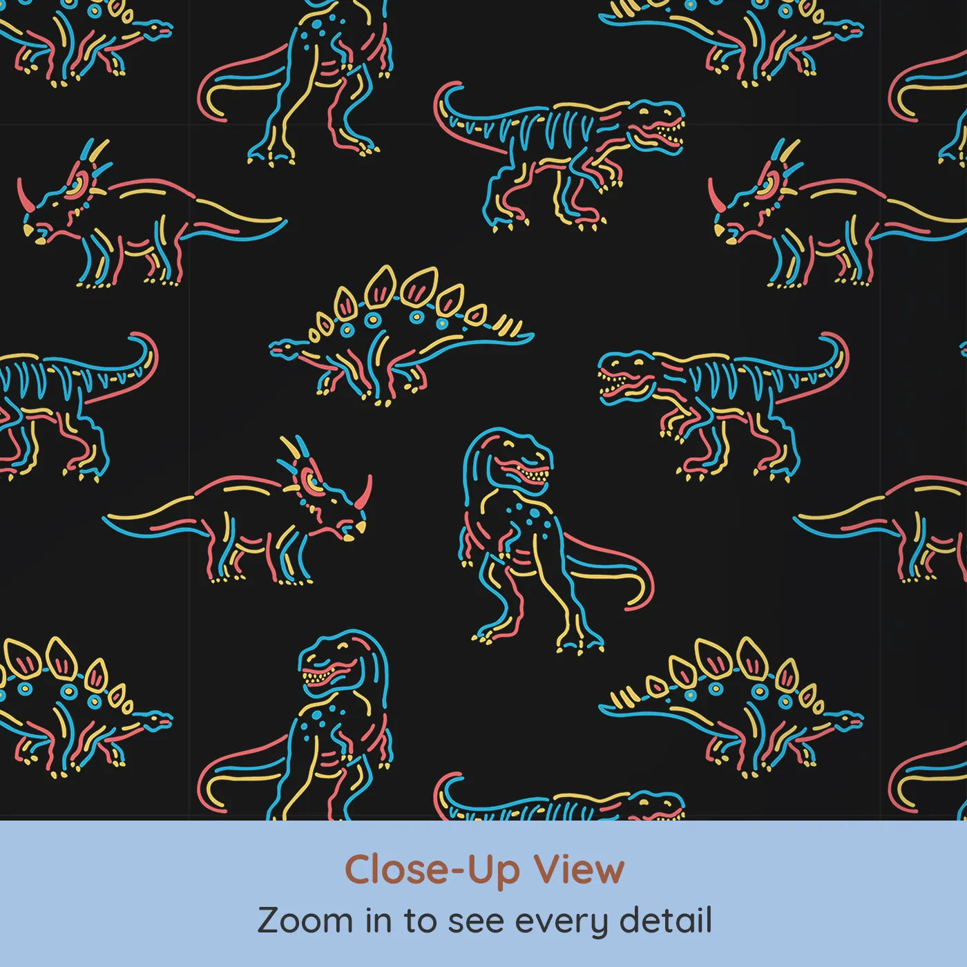 Close-up view of Whimsy Tots' Neon Dinosaur Skeletons Wallpaper (W2236).Where glowing dinosaur skeletons are ready to play.