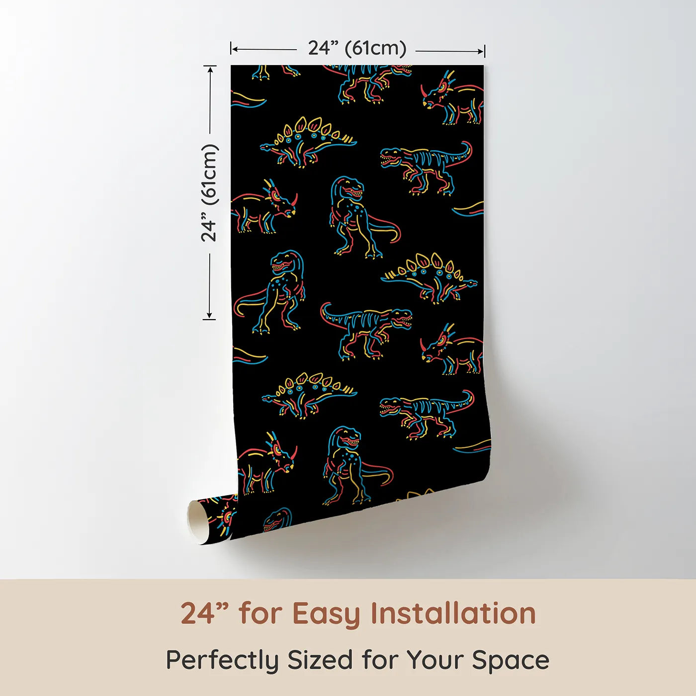 Dimension view of Whimsy Tots Neon Dinosaur Skeletons Wallpaper (W2236). Printed in 24-inch-wide panel for easy installation. Where glowing dinosaur skeletons are ready to play.