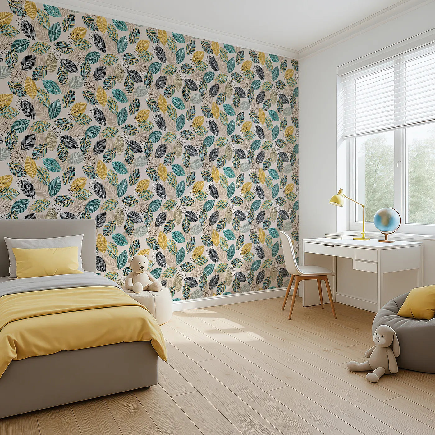 Angled view of Whimsy Tots' Modern Geometric Leaves Wallpaper (W2237).Where patterned leaves create a cool and contemporary canopy.