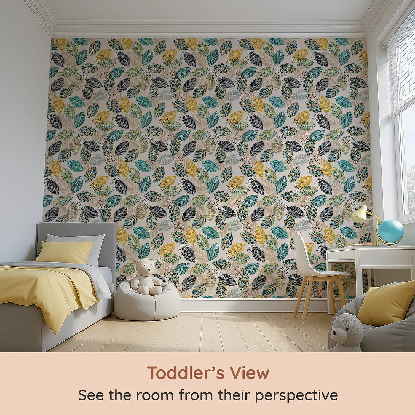 Whimsy Tots Modern Geometric Leaves Wallpaper (W2237) from your child's view.Where patterned leaves create a cool and contemporary canopy.