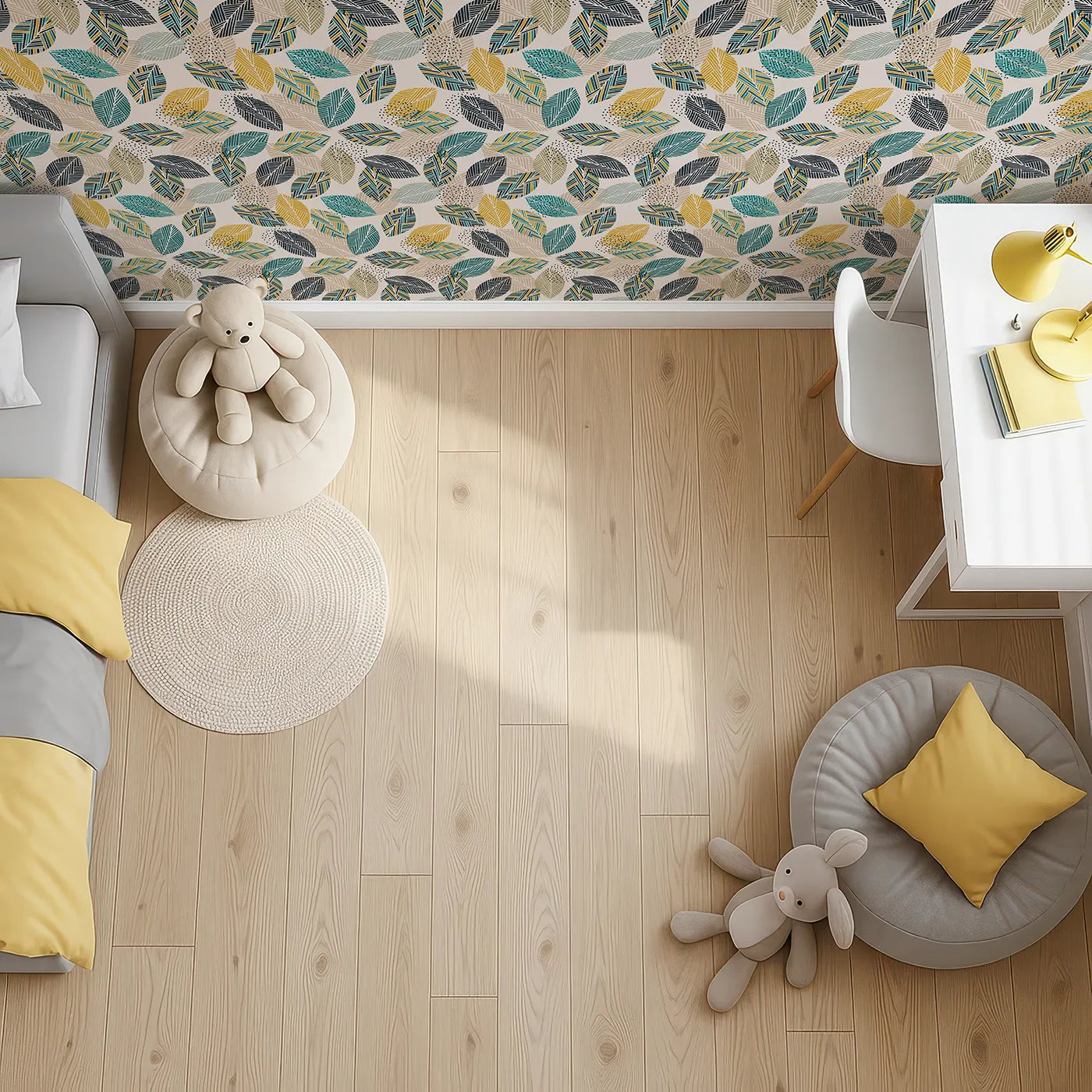 Top-Down view of Whimsy Tots' Modern Geometric Leaves Wallpaper (W2237).Where patterned leaves create a cool and contemporary canopy.