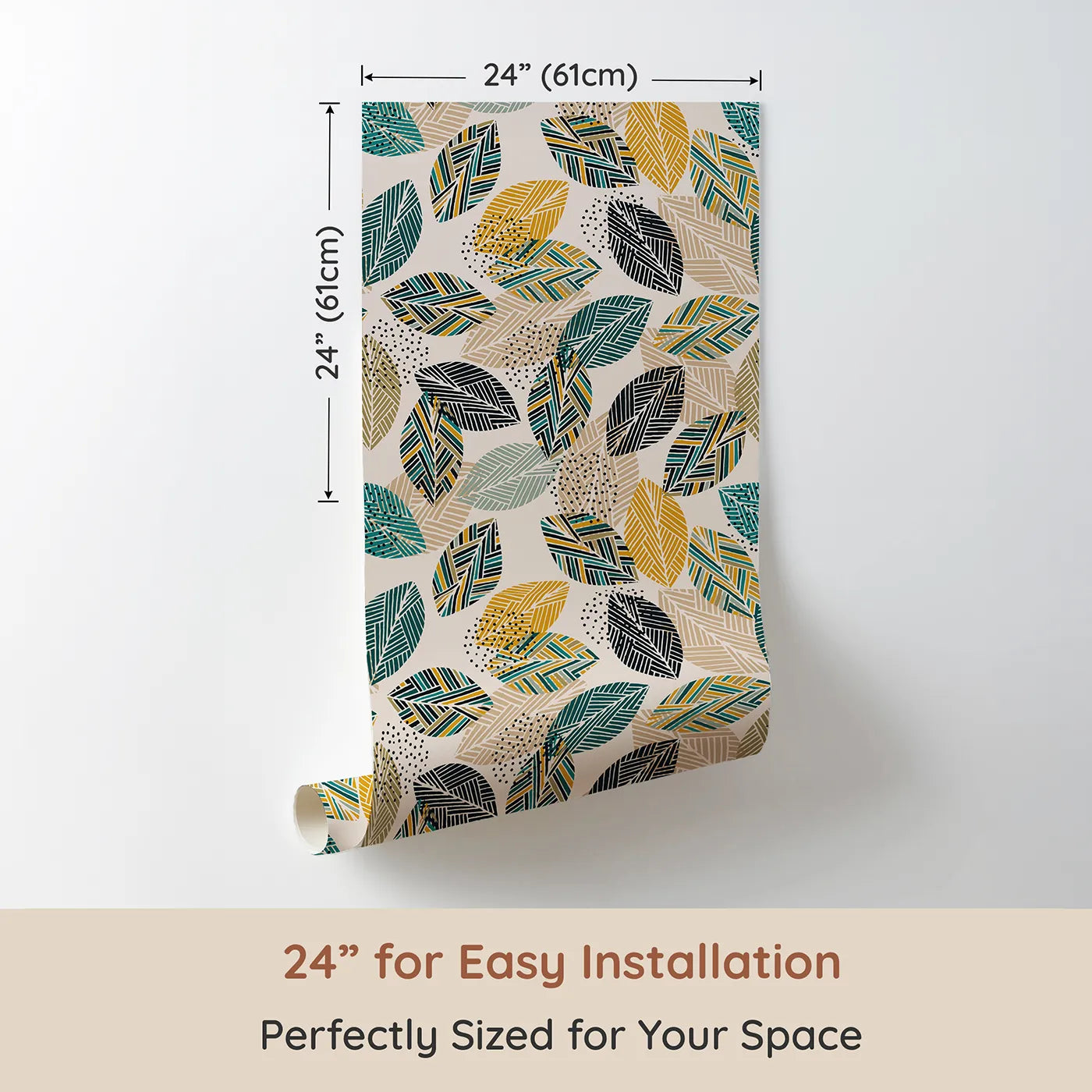 Dimension view of Whimsy Tots Modern Geometric Leaves Wallpaper (W2237). Printed in 24-inch-wide panel for easy installation. Where patterned leaves create a cool and contemporary canopy.