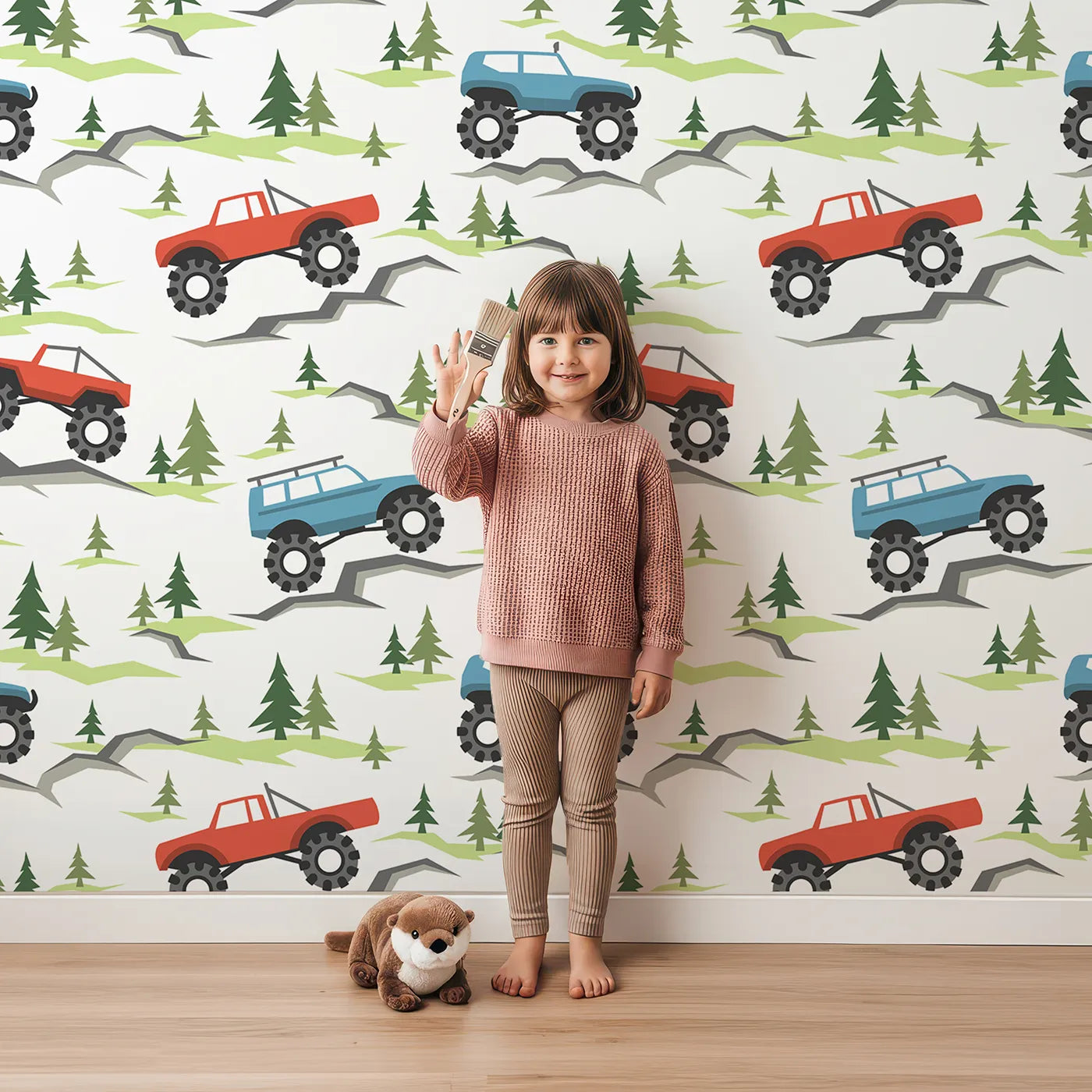 Lovely child standing in front of Whimsy Tots Monster Truck Rally Wallpaper with monster truck, truck, off-road, car, adventure in design.