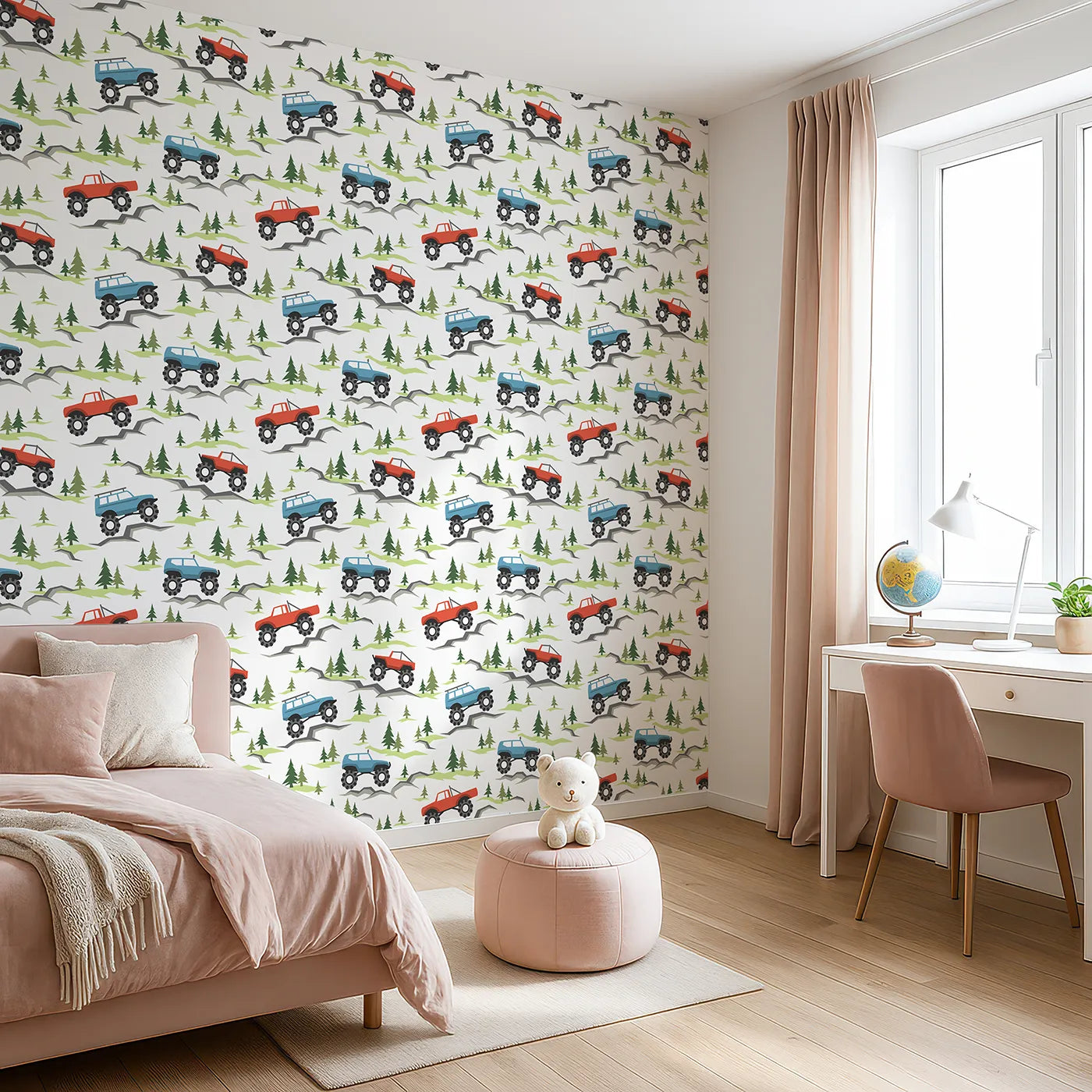 Angled view of Whimsy Tots' Monster Truck Rally Wallpaper (W2238).Where big-wheeled monster trucks conquer any terrain.